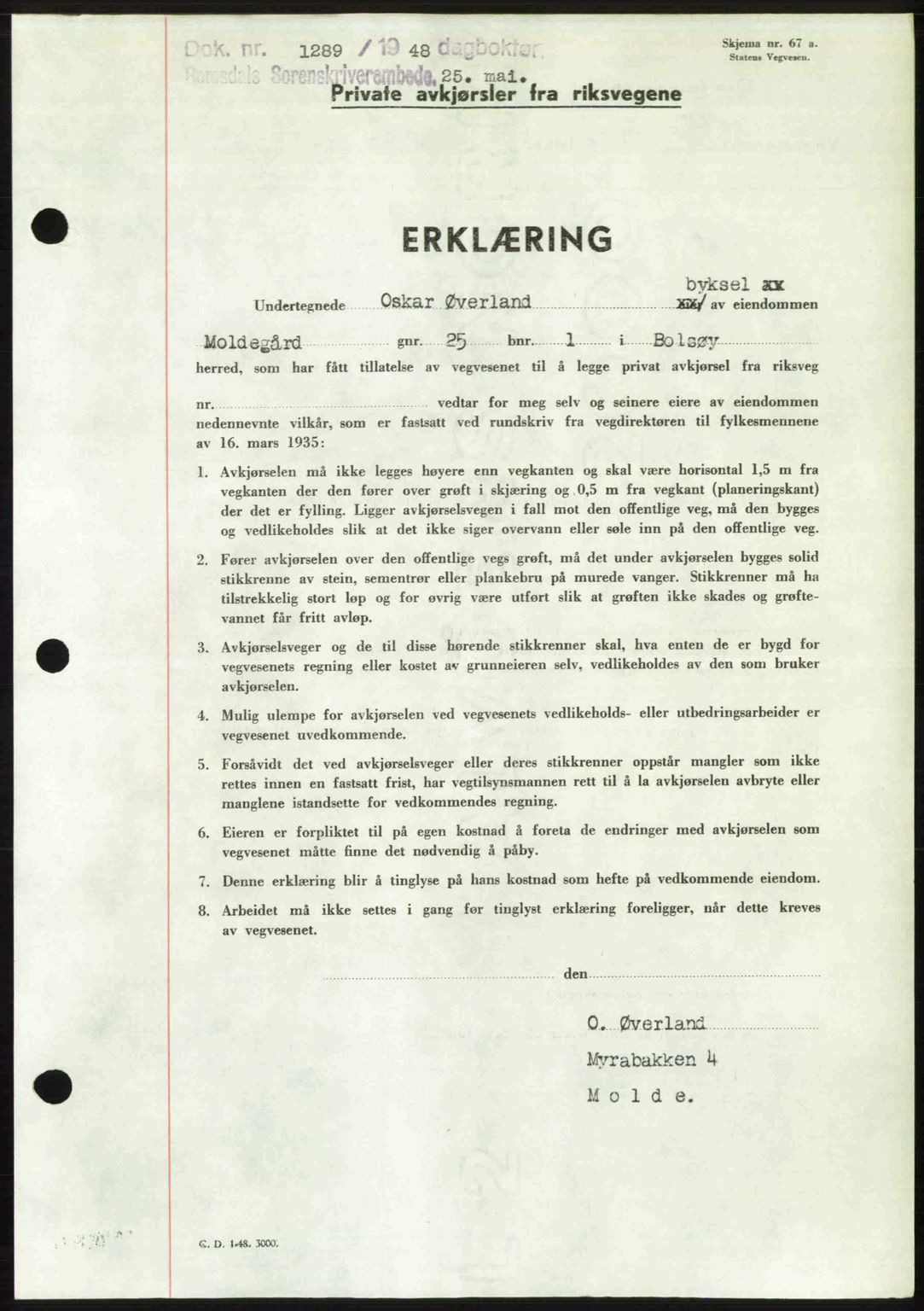 Romsdal sorenskriveri, SAT/A-4149/1/2/2C: Pantebok nr. A26, 1948-1948, Dagboknr: 1289/1948