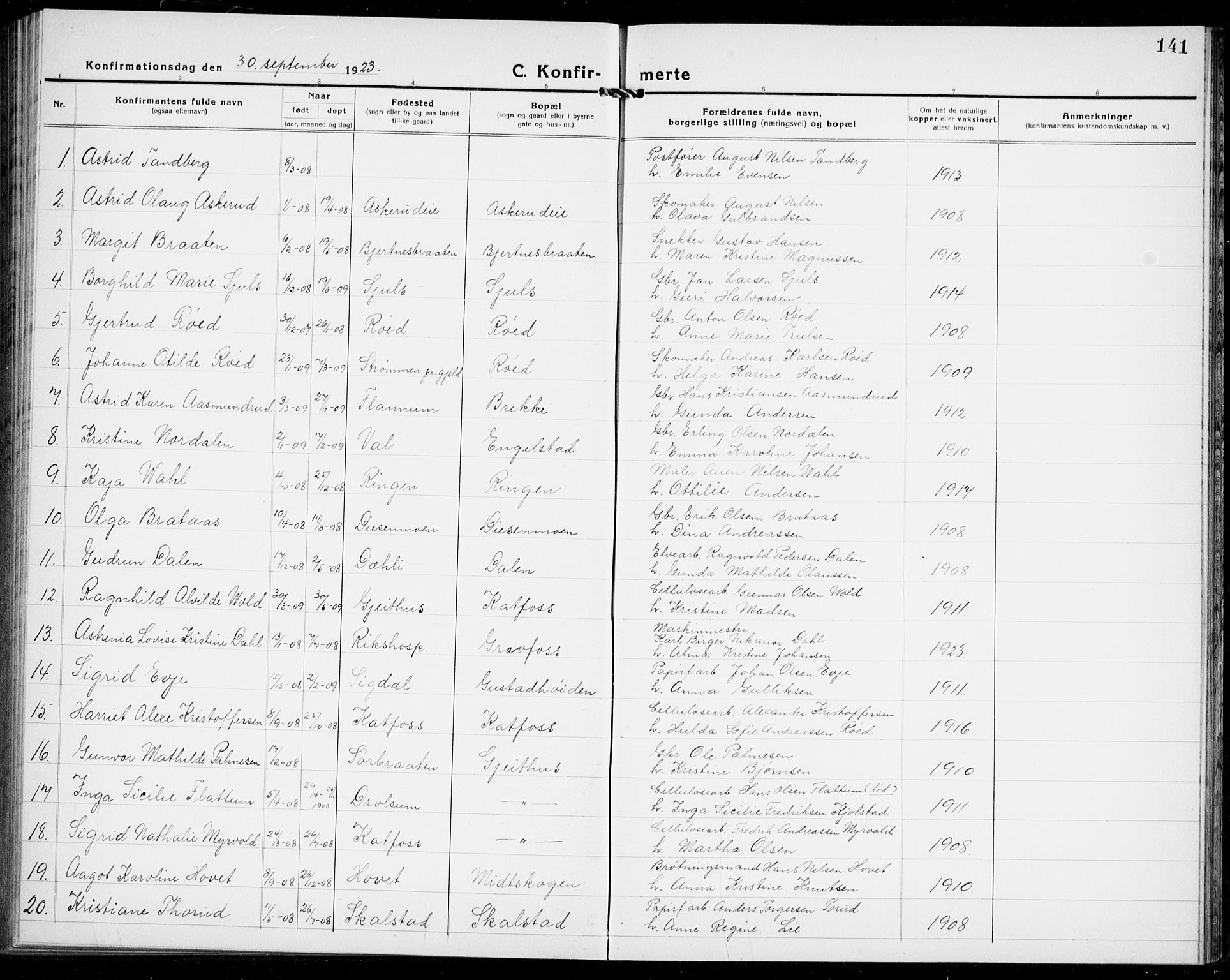 Modum kirkebøker, AV/SAKO-A-234/G/Ga/L0012: Klokkerbok nr. I 12, 1923-1933, s. 141