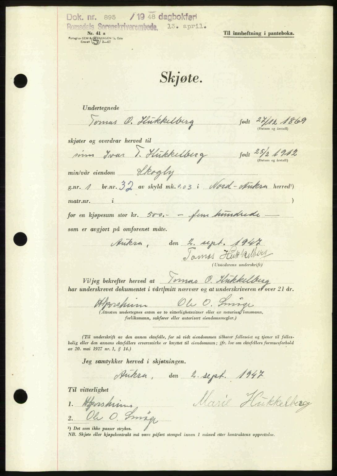 Romsdal sorenskriveri, SAT/A-4149/1/2/2C: Pantebok nr. A25, 1948-1948, Dagboknr: 895/1948