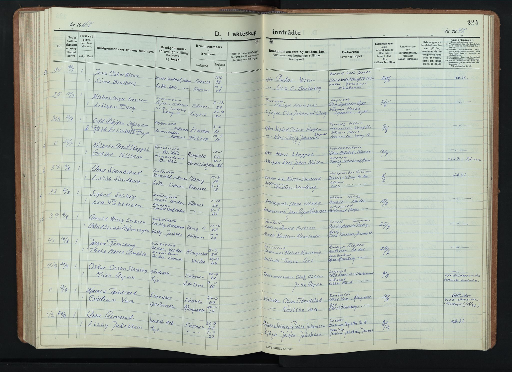 Furnes prestekontor, AV/SAH-PREST-012/L/La/L0002: Klokkerbok nr. 2, 1934-1956, s. 224