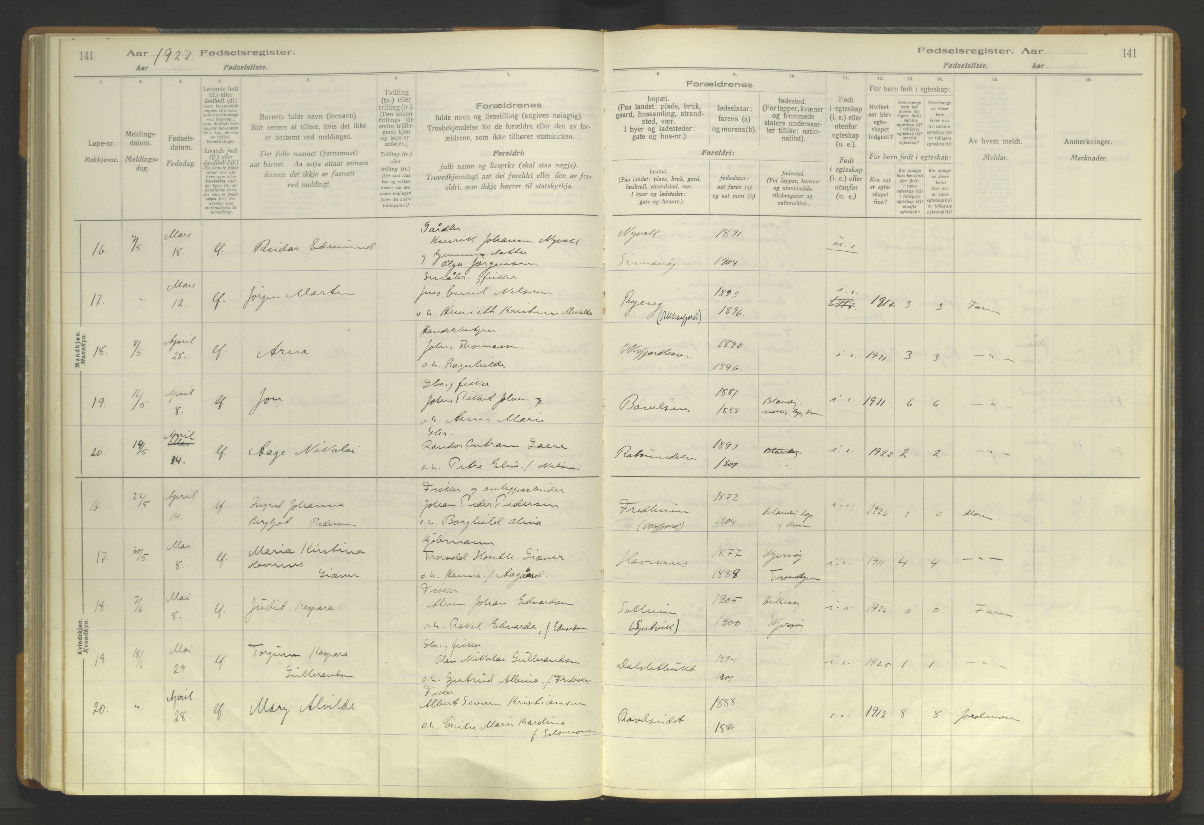 Skjervøy sokneprestkontor, AV/SATØ-S-1300/I/Ia/L0056: Fødselsregister nr. 56, 1916-1932, s. 141