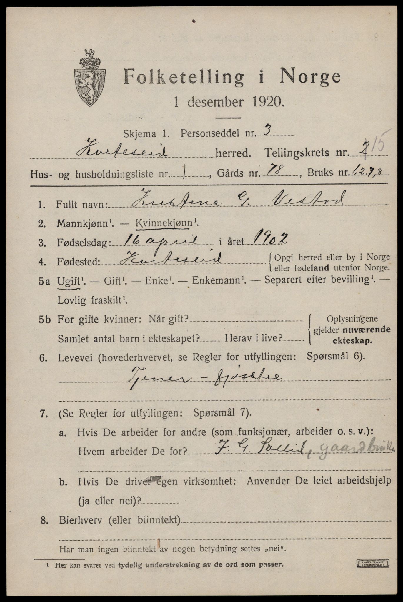 SAKO, Folketelling 1920 for 0829 Kviteseid herred, 1920, s. 6965