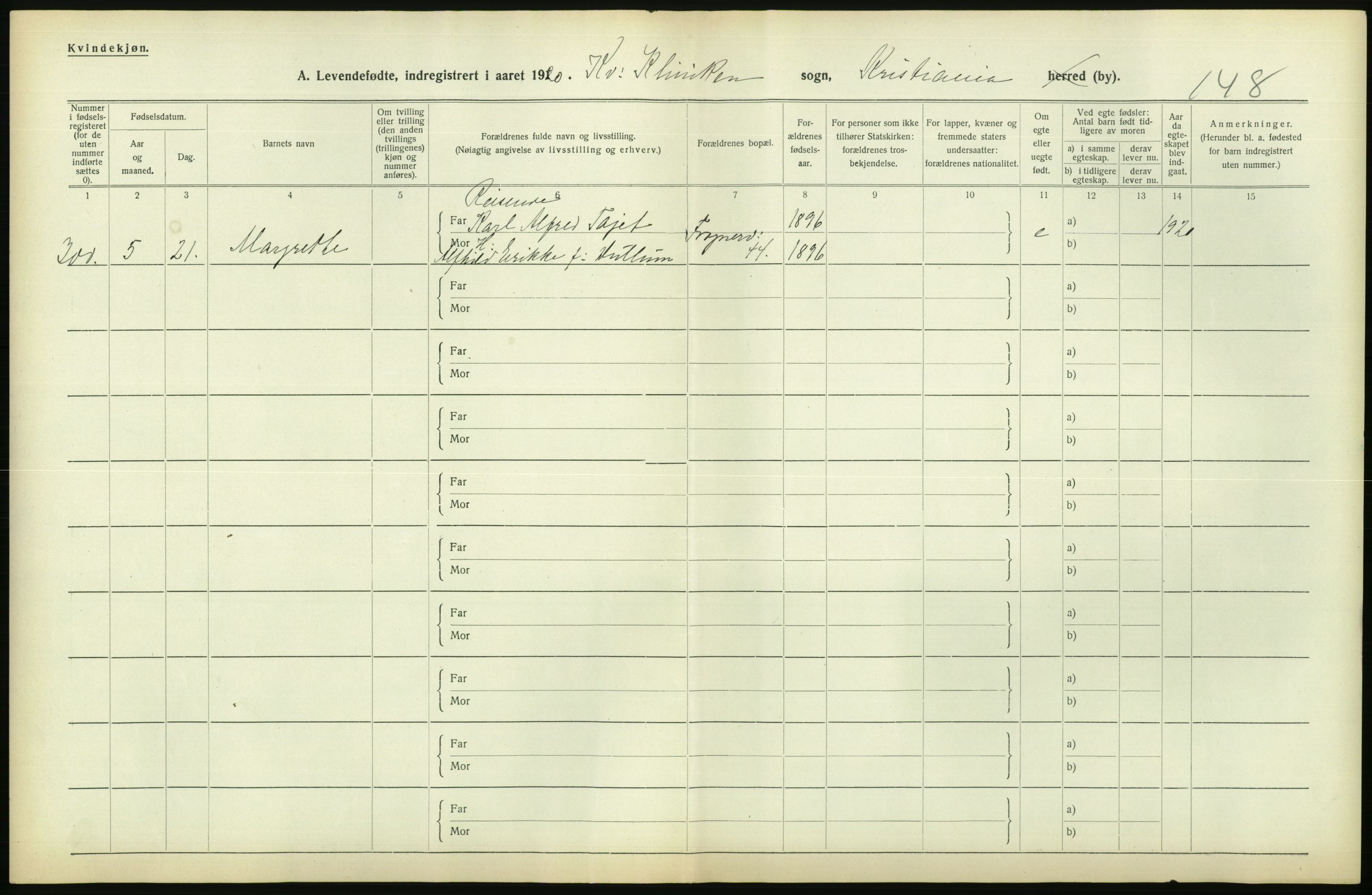 Statistisk sentralbyrå, Sosiodemografiske emner, Befolkning, AV/RA-S-2228/D/Df/Dfb/Dfbj/L0008: Kristiania: Levendefødte menn og kvinner., 1920, s. 590