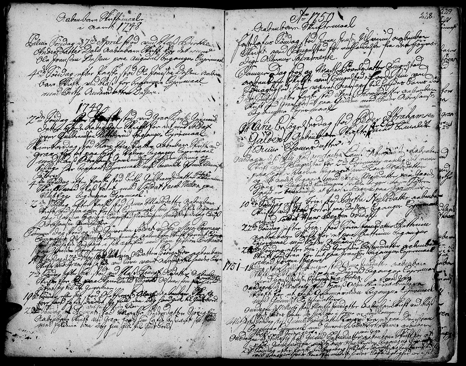 Gran prestekontor, AV/SAH-PREST-112/H/Ha/Haa/L0003: Ministerialbok nr. 3, 1745-1758, s. 228