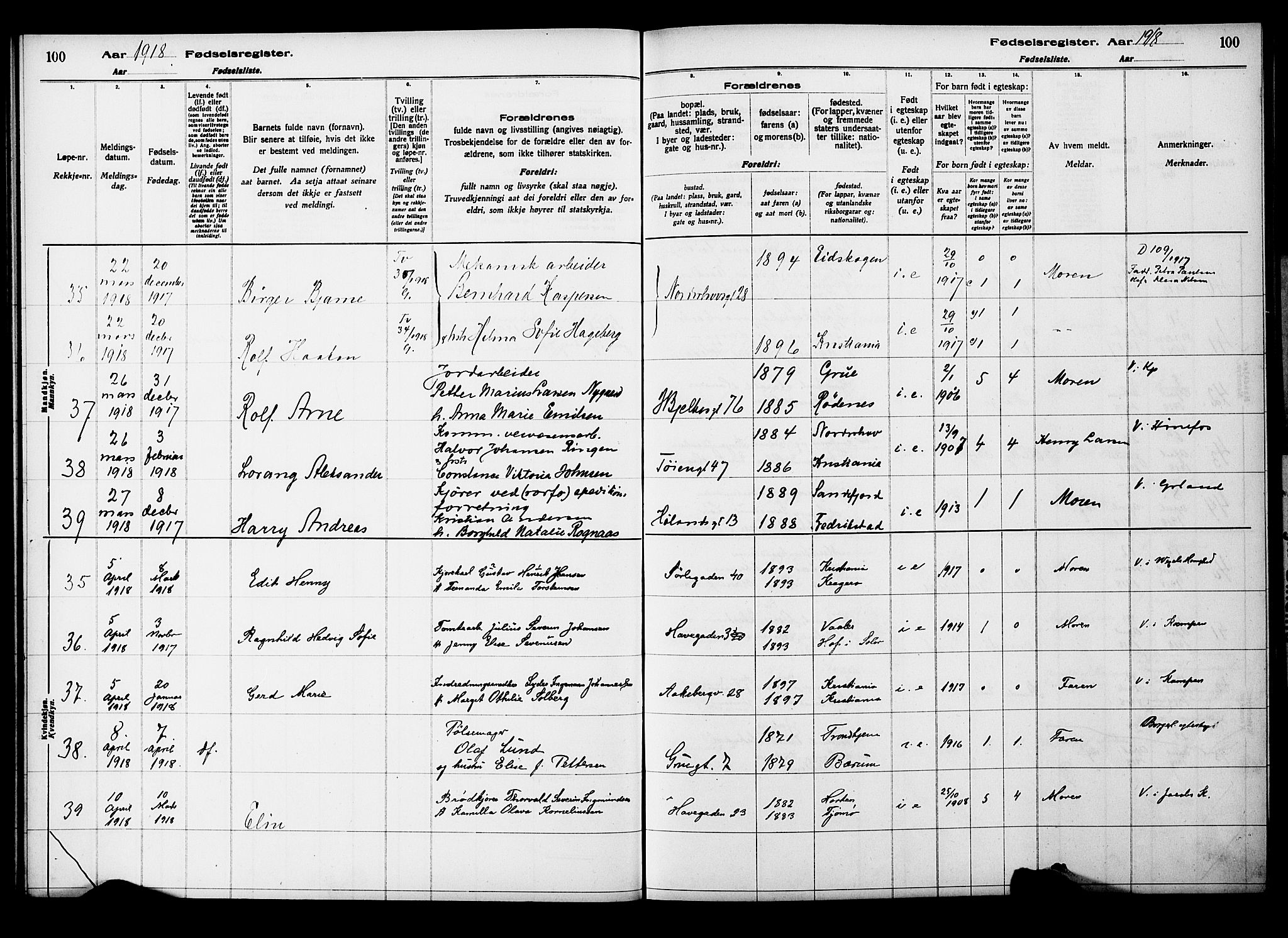 Kampen prestekontor Kirkebøker, SAO/A-10853/J/Ja/L0001: Fødselsregister nr. 1, 1916-1920, s. 100