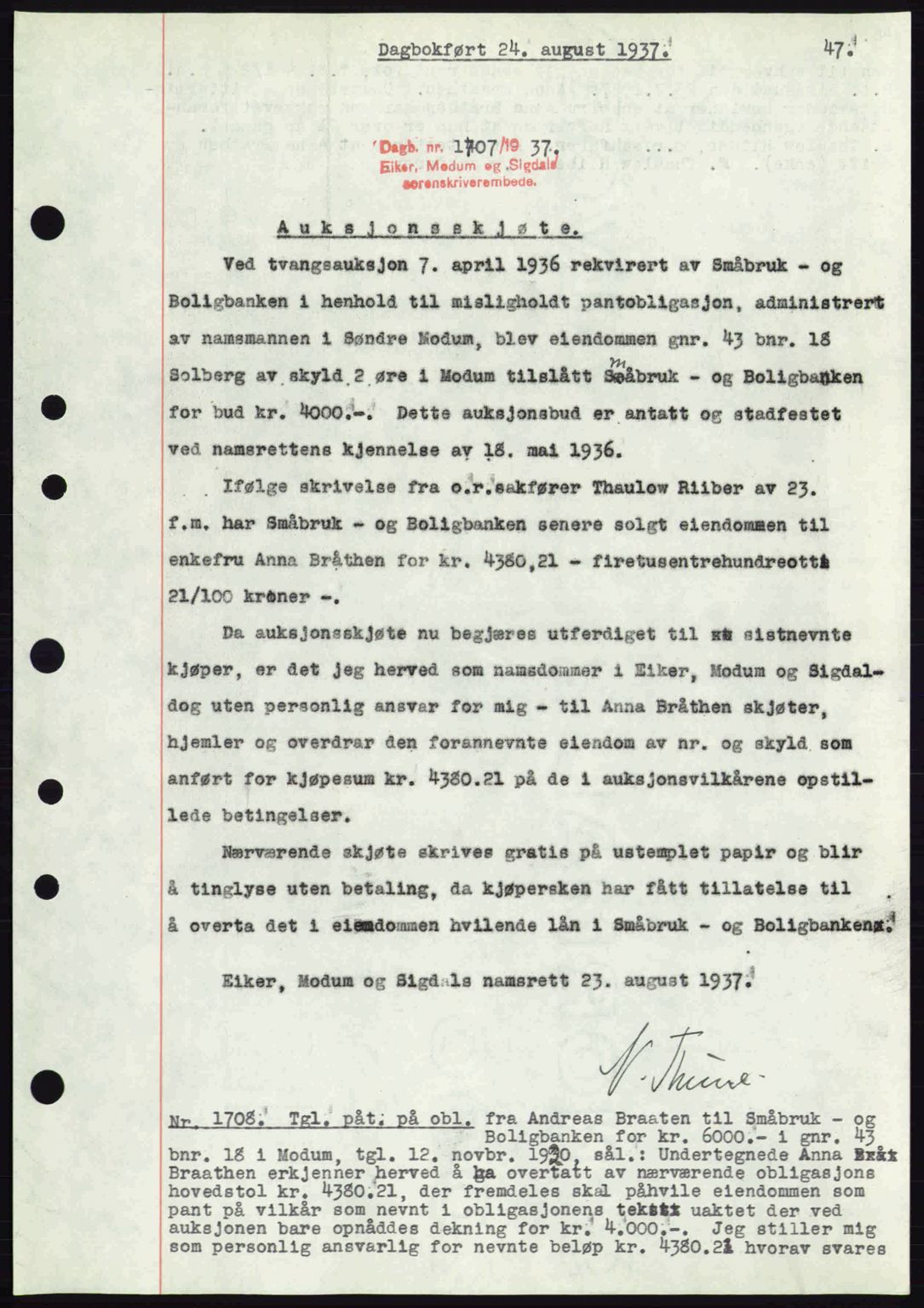Eiker, Modum og Sigdal sorenskriveri, SAKO/A-123/G/Ga/Gab/L0036: Pantebok nr. A6, 1937-1937, Dagboknr: 1707/1937