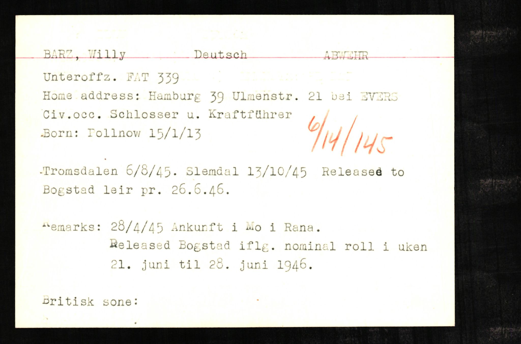 Forsvaret, Forsvarets overkommando II, AV/RA-RAFA-3915/D/Db/L0002: CI Questionaires. Tyske okkupasjonsstyrker i Norge. Tyskere., 1945-1946, s. 203