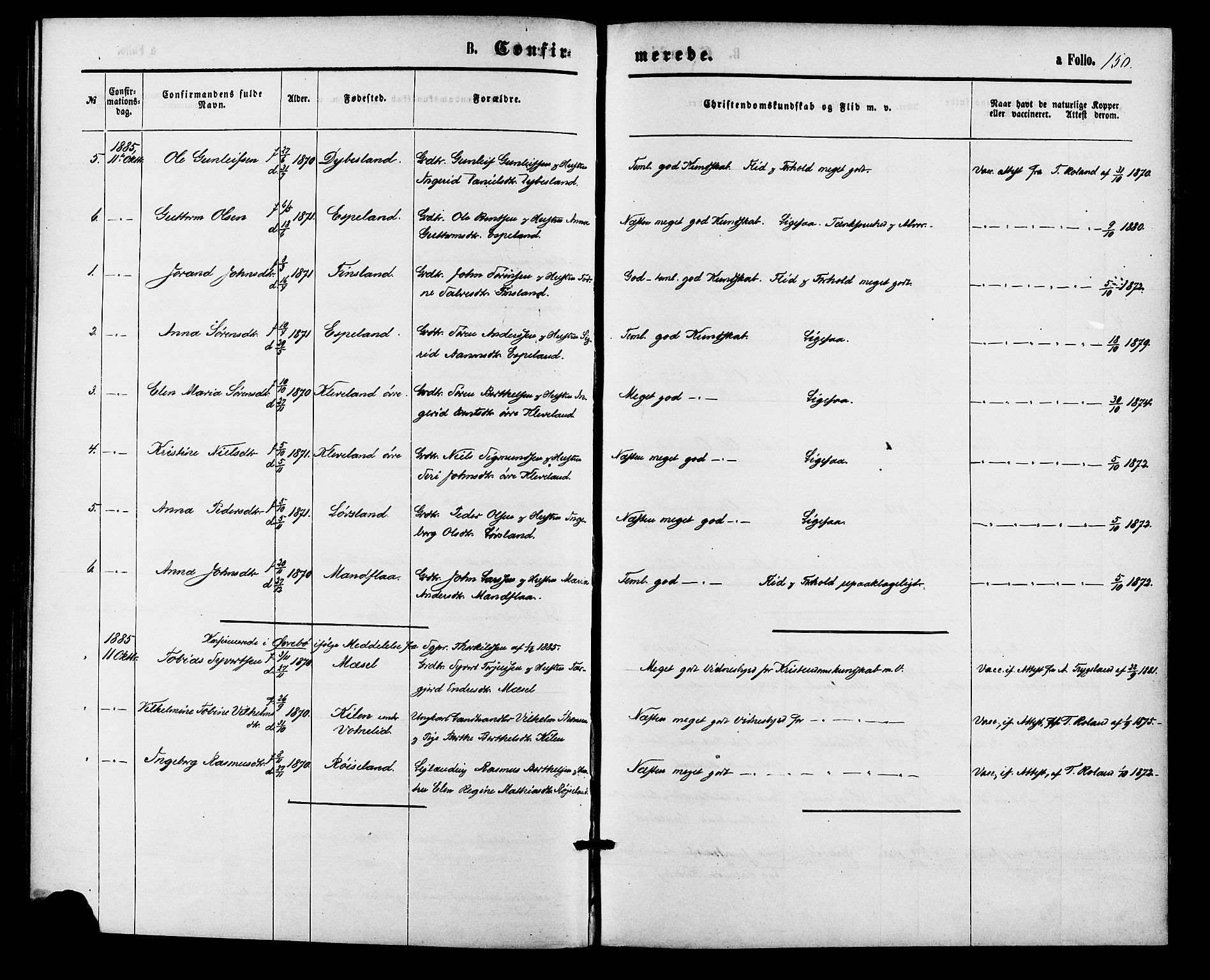 Bjelland sokneprestkontor, AV/SAK-1111-0005/F/Fa/Fab/L0003: Ministerialbok nr. A 3, 1870-1887, s. 150