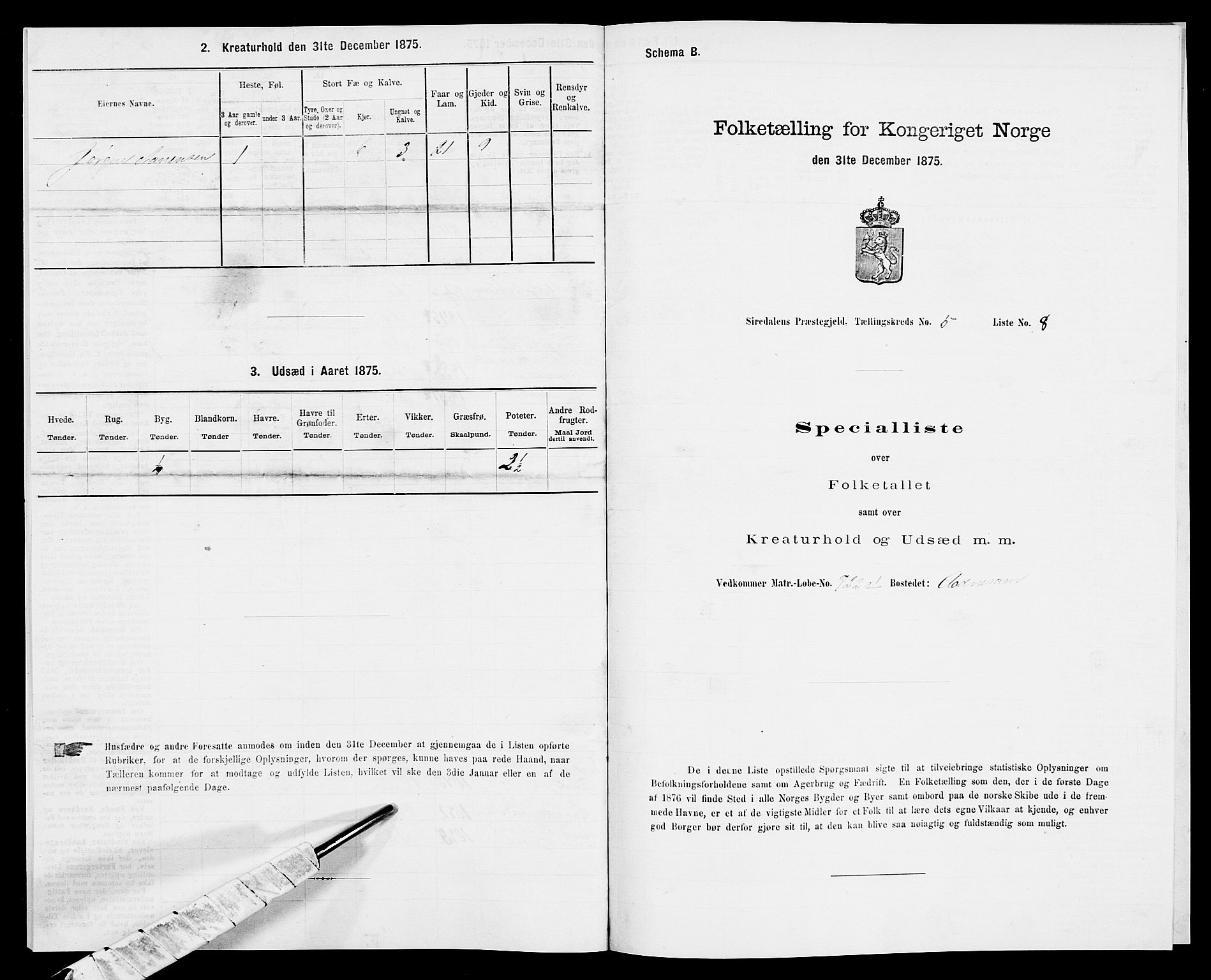 SAK, Folketelling 1875 for 1046P Sirdal prestegjeld, 1875, s. 421