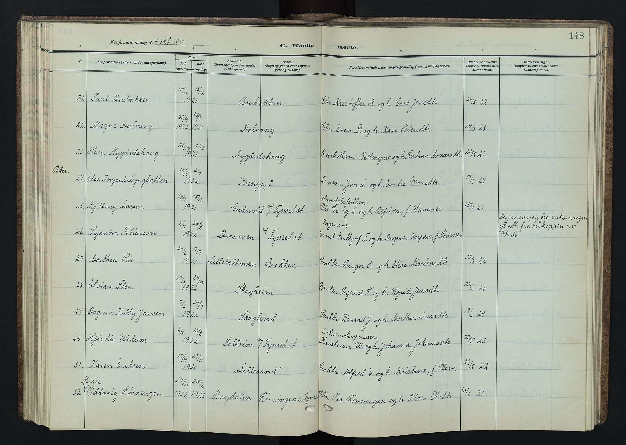 Tynset prestekontor, AV/SAH-PREST-058/H/Ha/Hab/L0012: Klokkerbok nr. 12, 1930-1944, s. 148