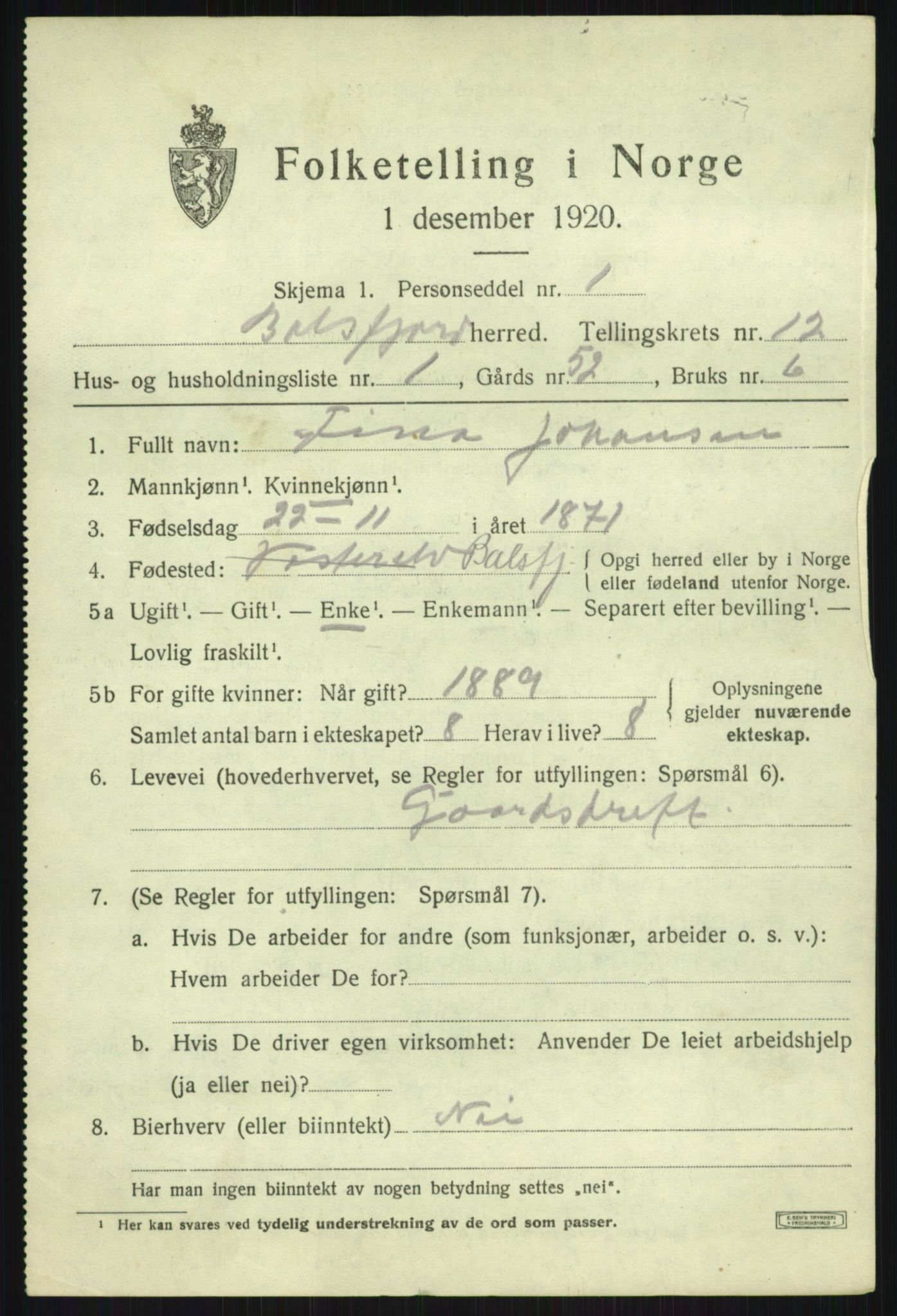 SATØ, Folketelling 1920 for 1933 Balsfjord herred, 1920, s. 7209