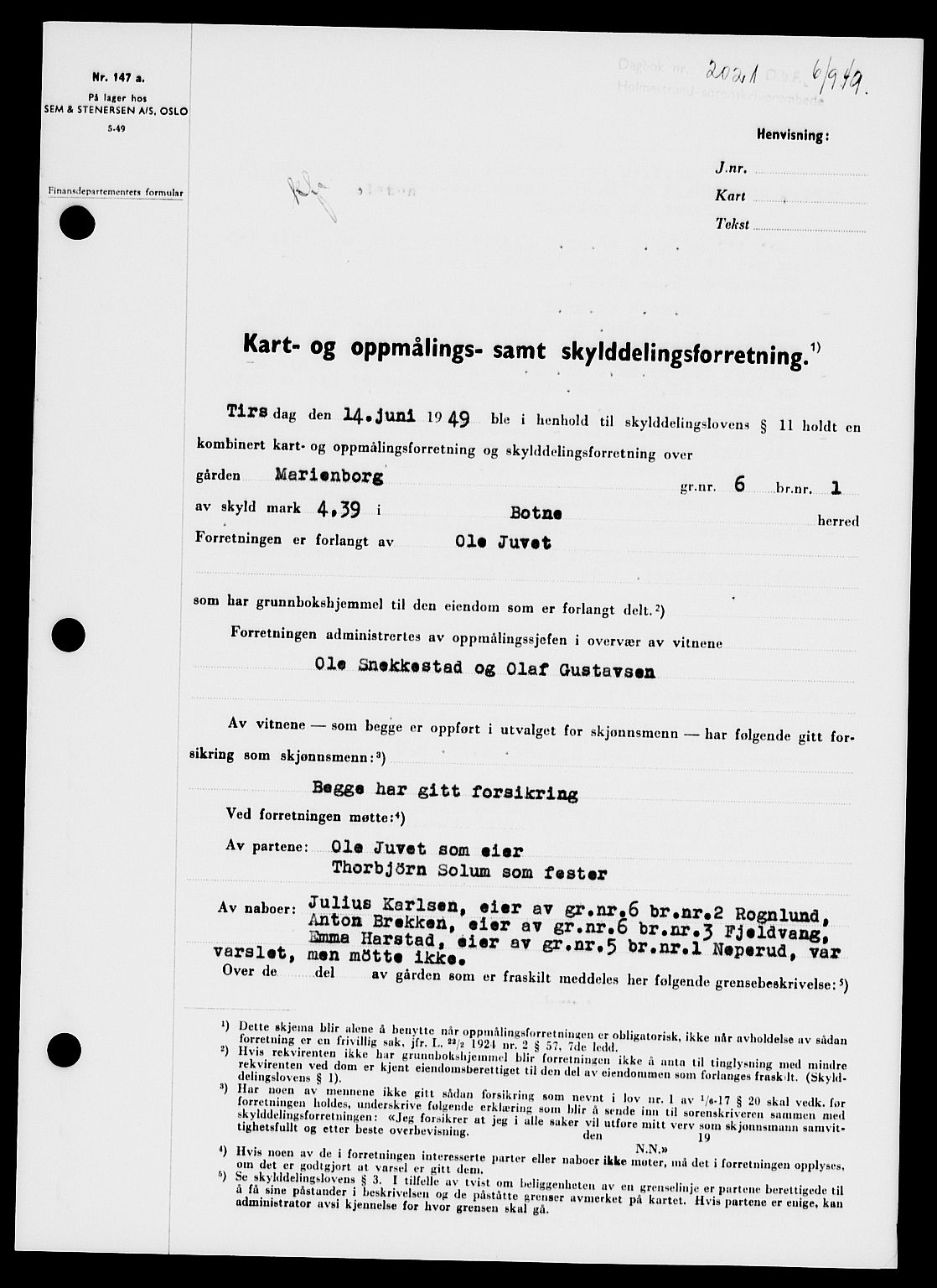 Holmestrand sorenskriveri, SAKO/A-67/G/Ga/Gaa/L0067: Pantebok nr. A-67, 1949-1949, Dagboknr: 2021/1949