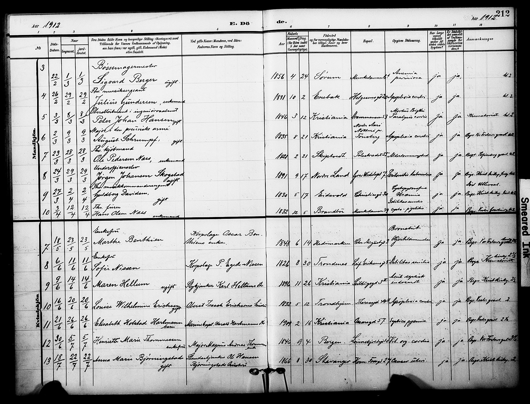Garnisonsmenigheten Kirkebøker, AV/SAO-A-10846/F/Fa/L0014: Ministerialbok nr. 14, 1905-1914, s. 212