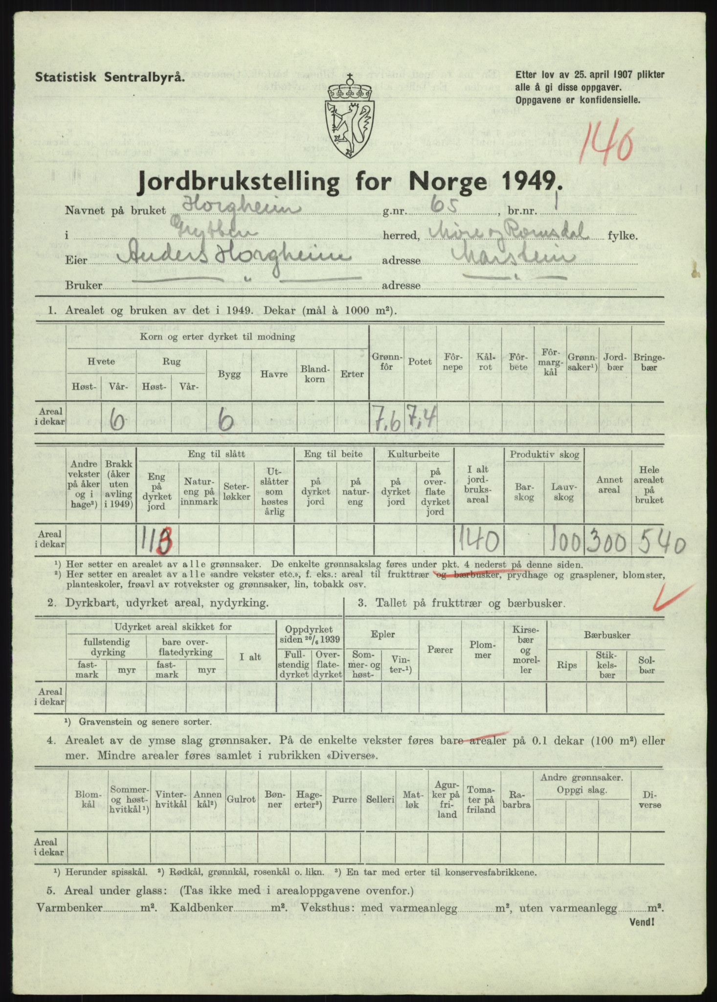 Statistisk sentralbyrå, Næringsøkonomiske emner, Jordbruk, skogbruk, jakt, fiske og fangst, AV/RA-S-2234/G/Gc/L0323: Møre og Romsdal: Grytten og Hen, 1949, s. 343