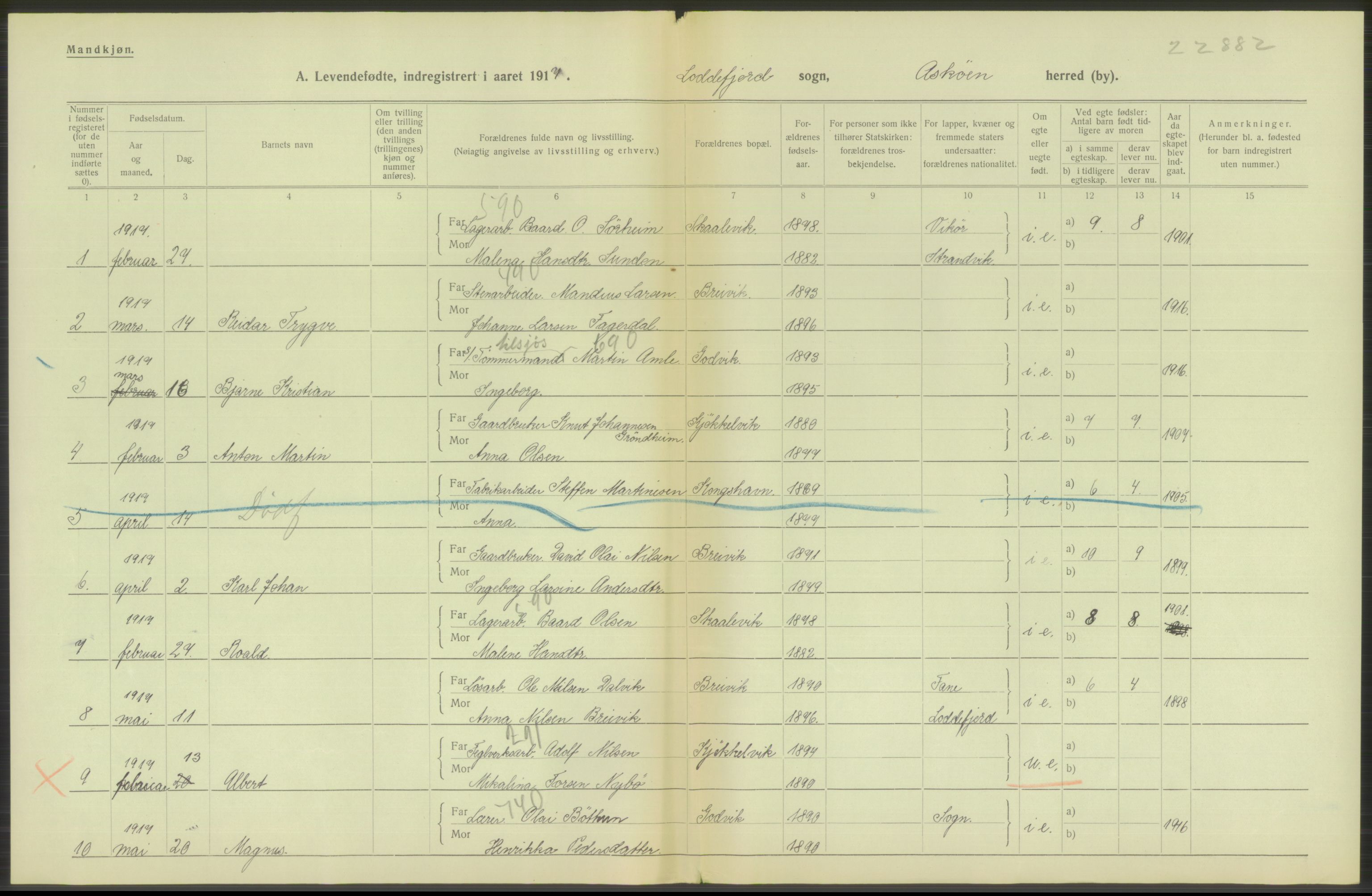 Statistisk sentralbyrå, Sosiodemografiske emner, Befolkning, RA/S-2228/D/Df/Dfb/Dfbg/L0034: S. Bergenhus amt: Levendefødte menn og kvinner. Bygder., 1917, s. 270