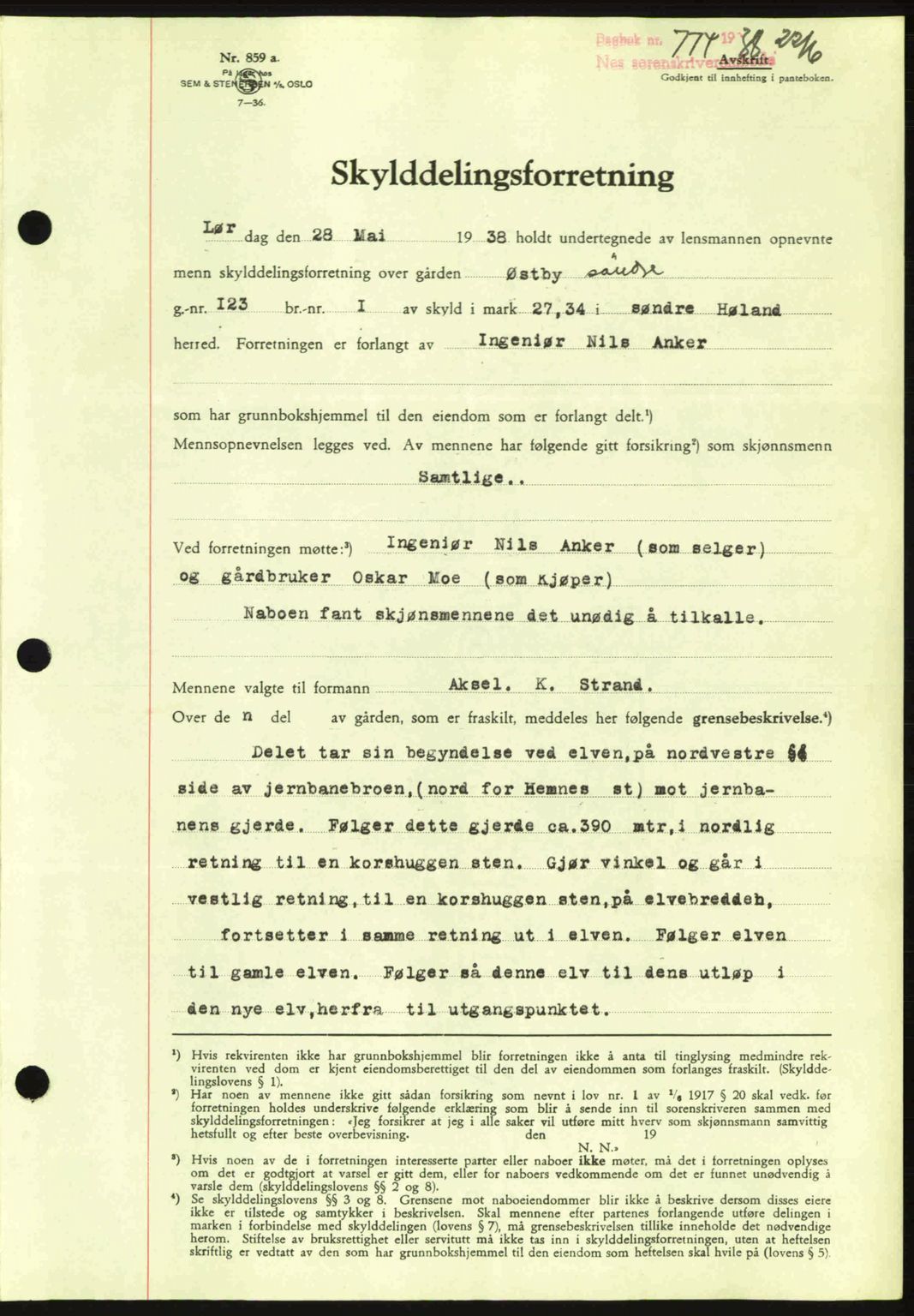 Nes tingrett, AV/SAO-A-10548/G/Gb/Gbb/L0006: Pantebok nr. 50, 1938-1938, Dagboknr: 774/1938