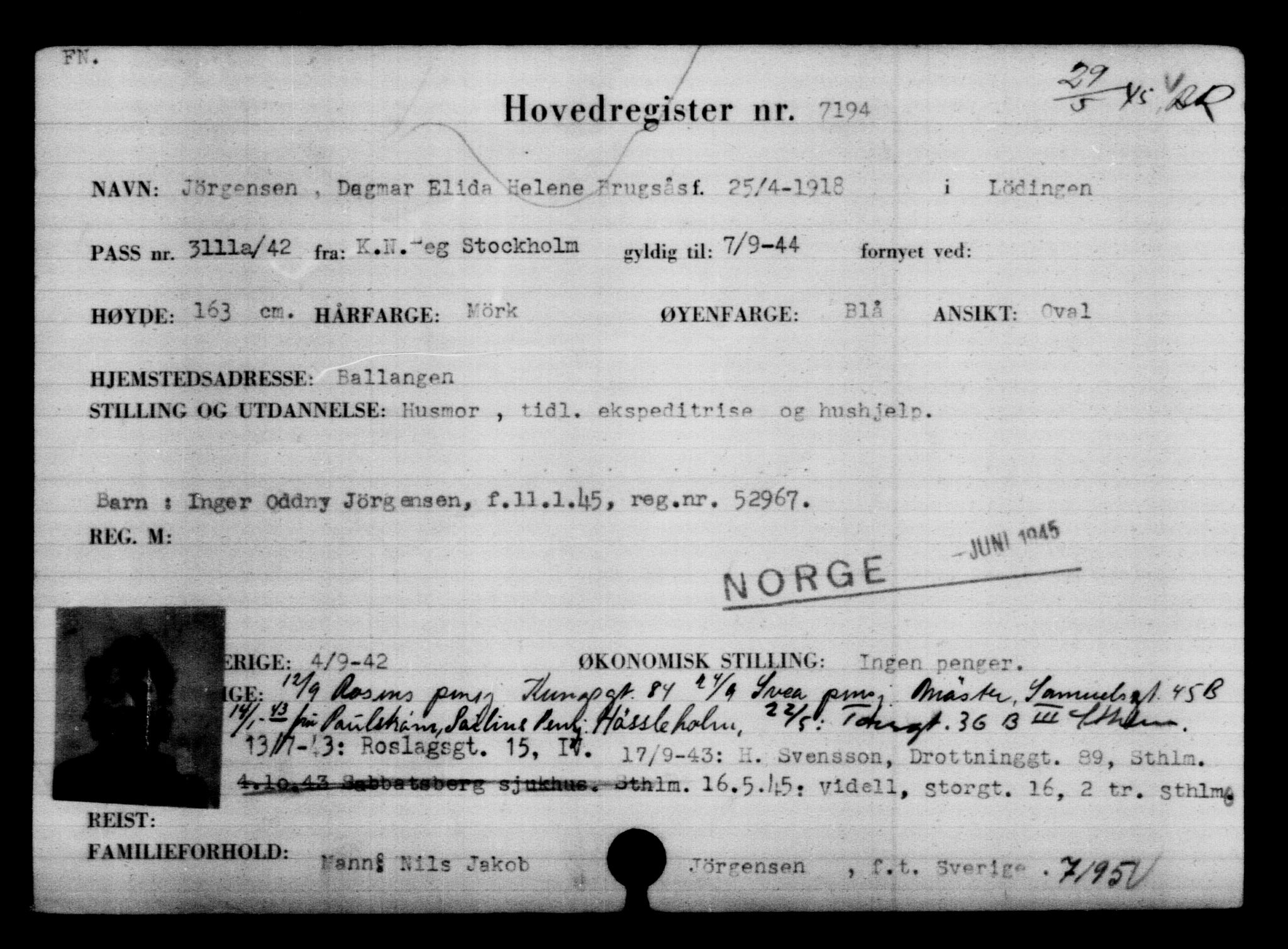 Utenriksstasjonene, Legasjonen i Stockholm, Flyktningkontoret, AV/RA-S-6753/V/Va/L0005: Kjesäterkartoteket, flyktning nr. 6600-9417, 1940-1945, s. 710