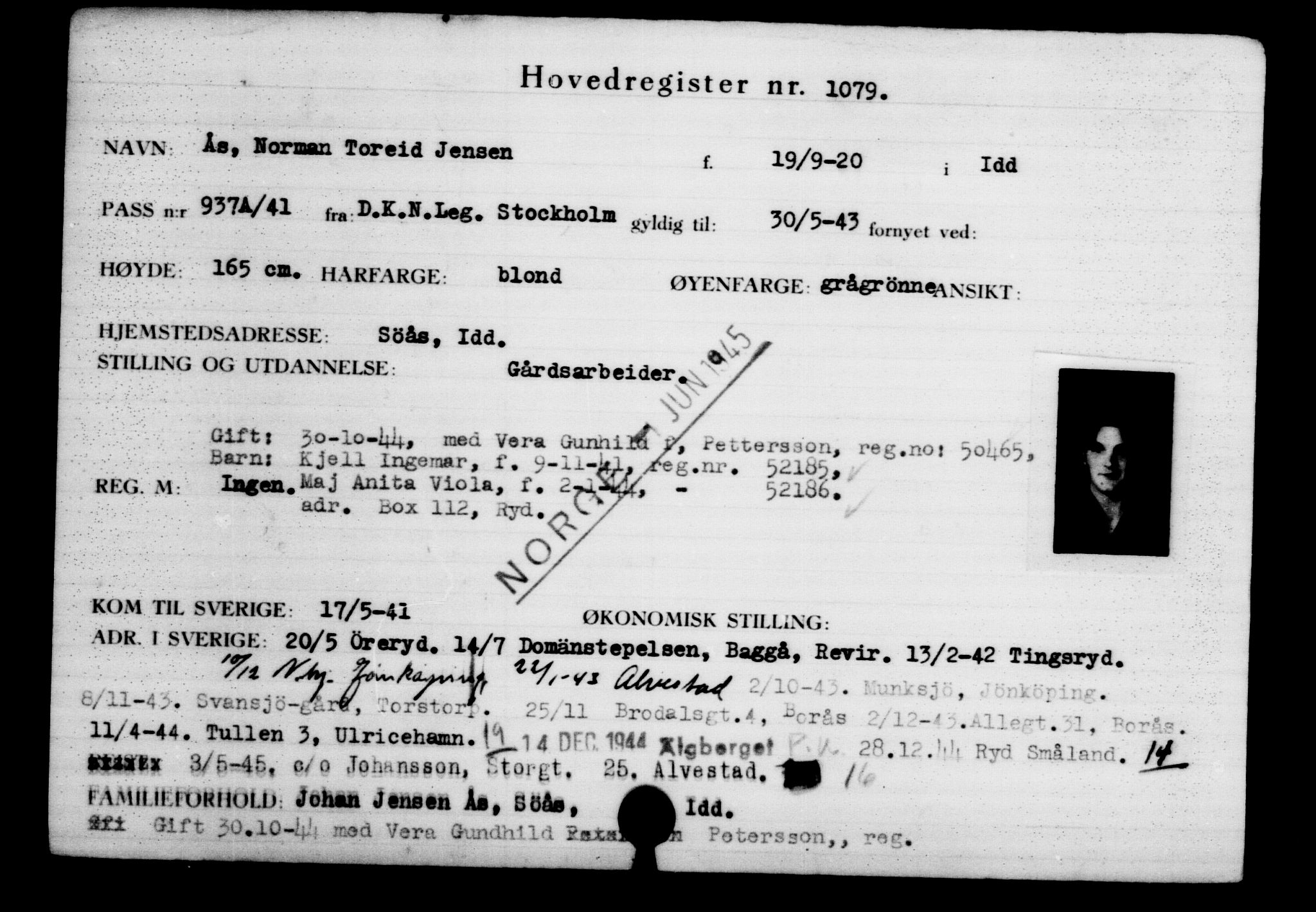 Utenriksstasjonene, Legasjonen i Stockholm, Flyktningkontoret, AV/RA-S-6753/V/Va/L0002: Kjesäterkartoteket, flyktninger med registreringsnr. 1001-2000, 1940-1945, s. 134