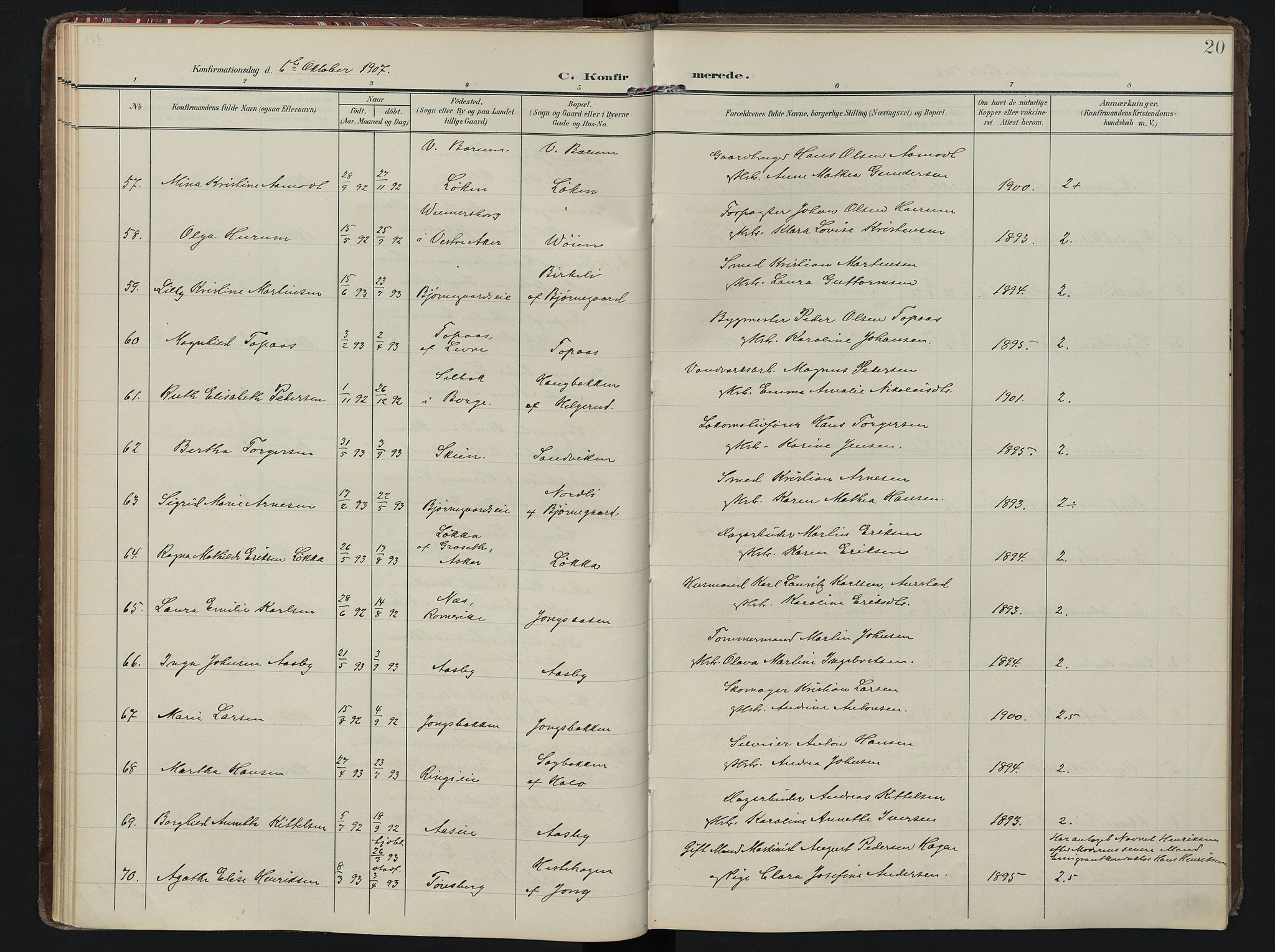 Vestre Bærum prestekontor Kirkebøker, AV/SAO-A-10209a/F/Fa/L0002: Ministerialbok nr. 2, 1905-1920, s. 20