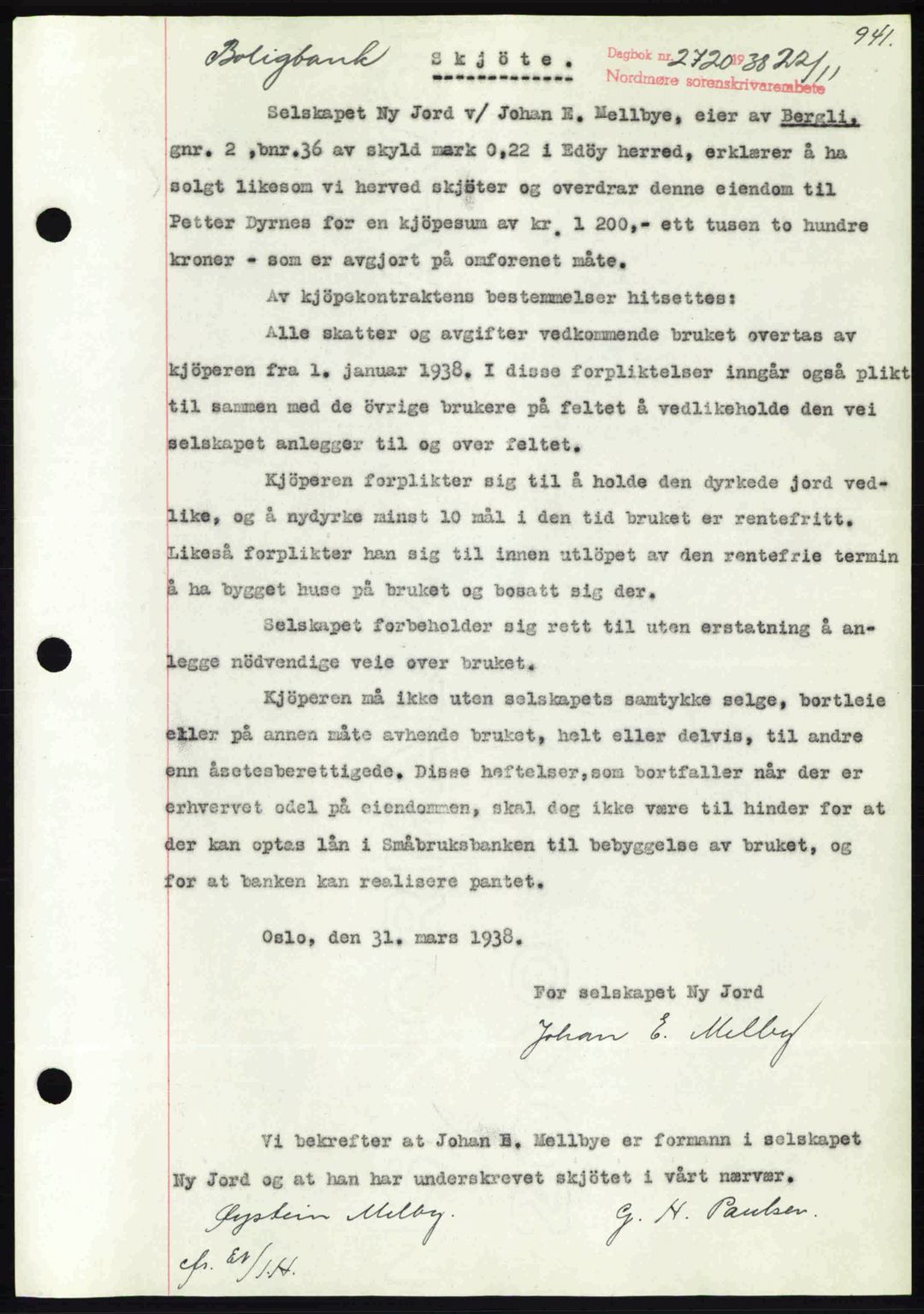 Nordmøre sorenskriveri, SAT/A-4132/1/2/2Ca: Pantebok nr. A84, 1938-1938, Dagboknr: 2720/1938