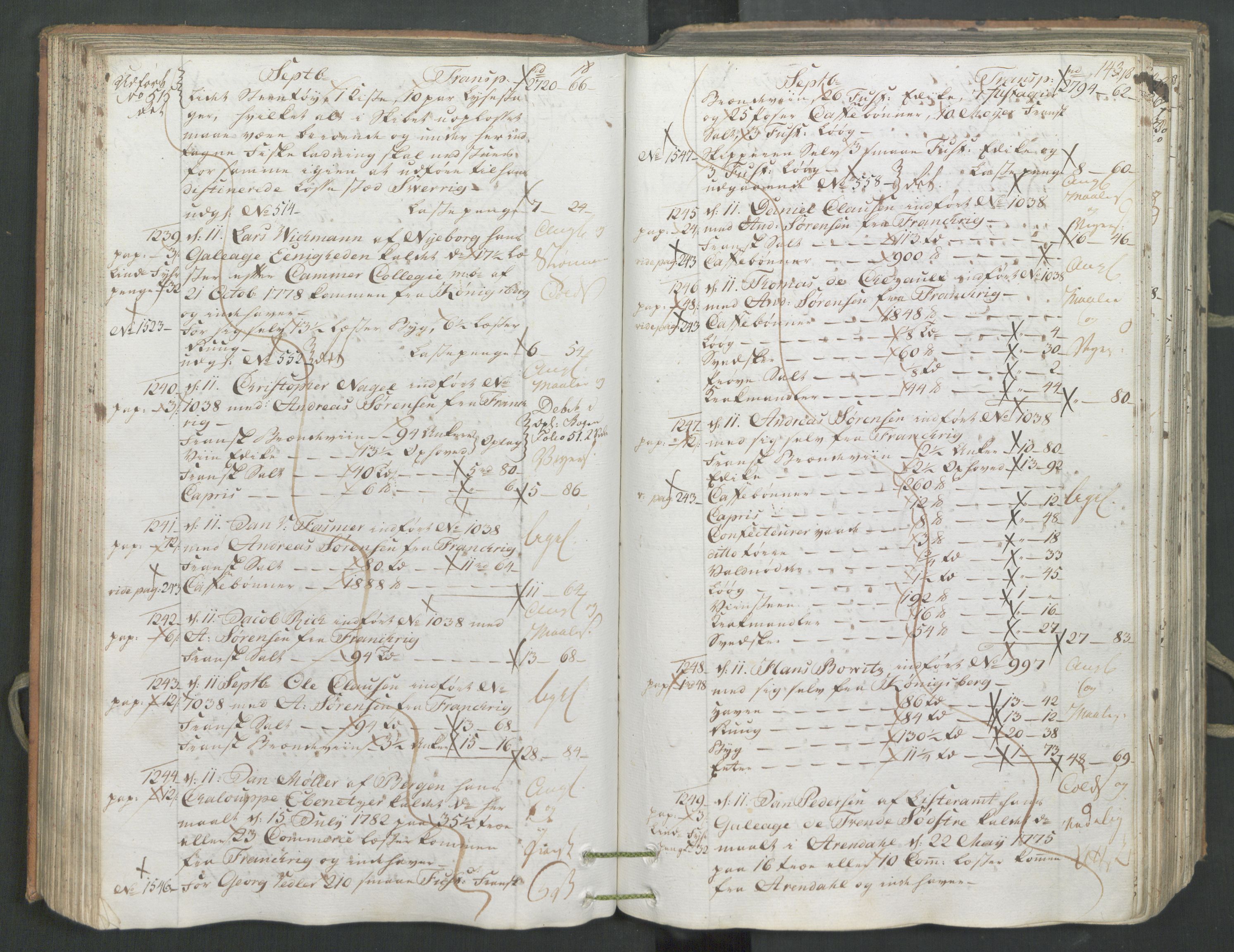 Generaltollkammeret, tollregnskaper, AV/RA-EA-5490/R26/L0222/0001: Tollregnskaper Bergen A / Inngående hovedtollbok, 1786, s. 142b-143a