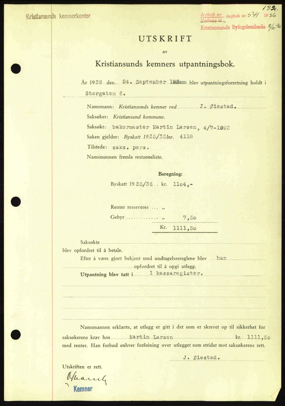 Kristiansund byfogd, SAT/A-4587/A/27: Pantebok nr. 29, 1936-1937, Dagboknr: 541/1936