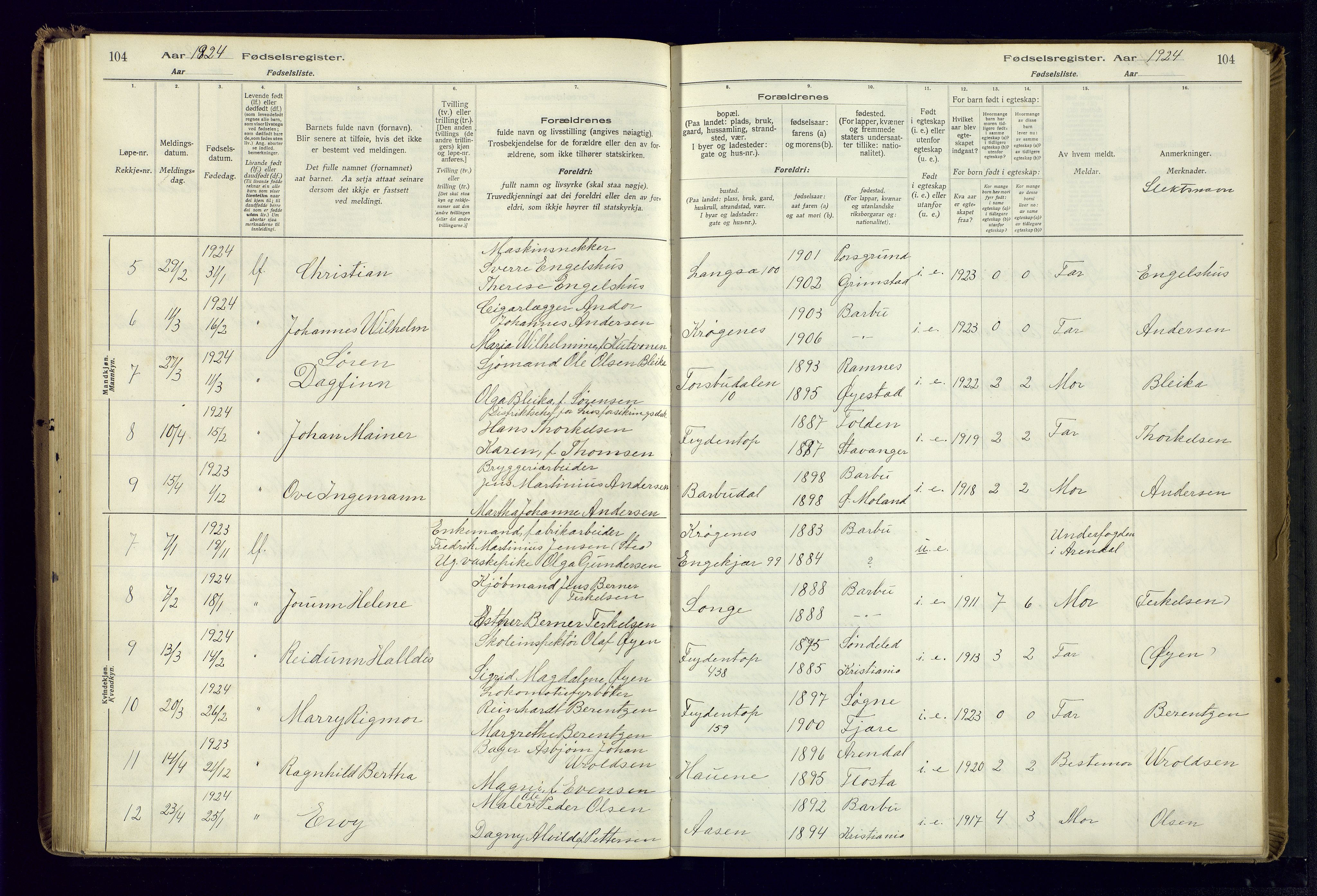 Barbu sokneprestkontor, AV/SAK-1111-0003/J/Ja/L0001: Fødselsregister nr. A-VIII-1, 1916-1937, s. 104