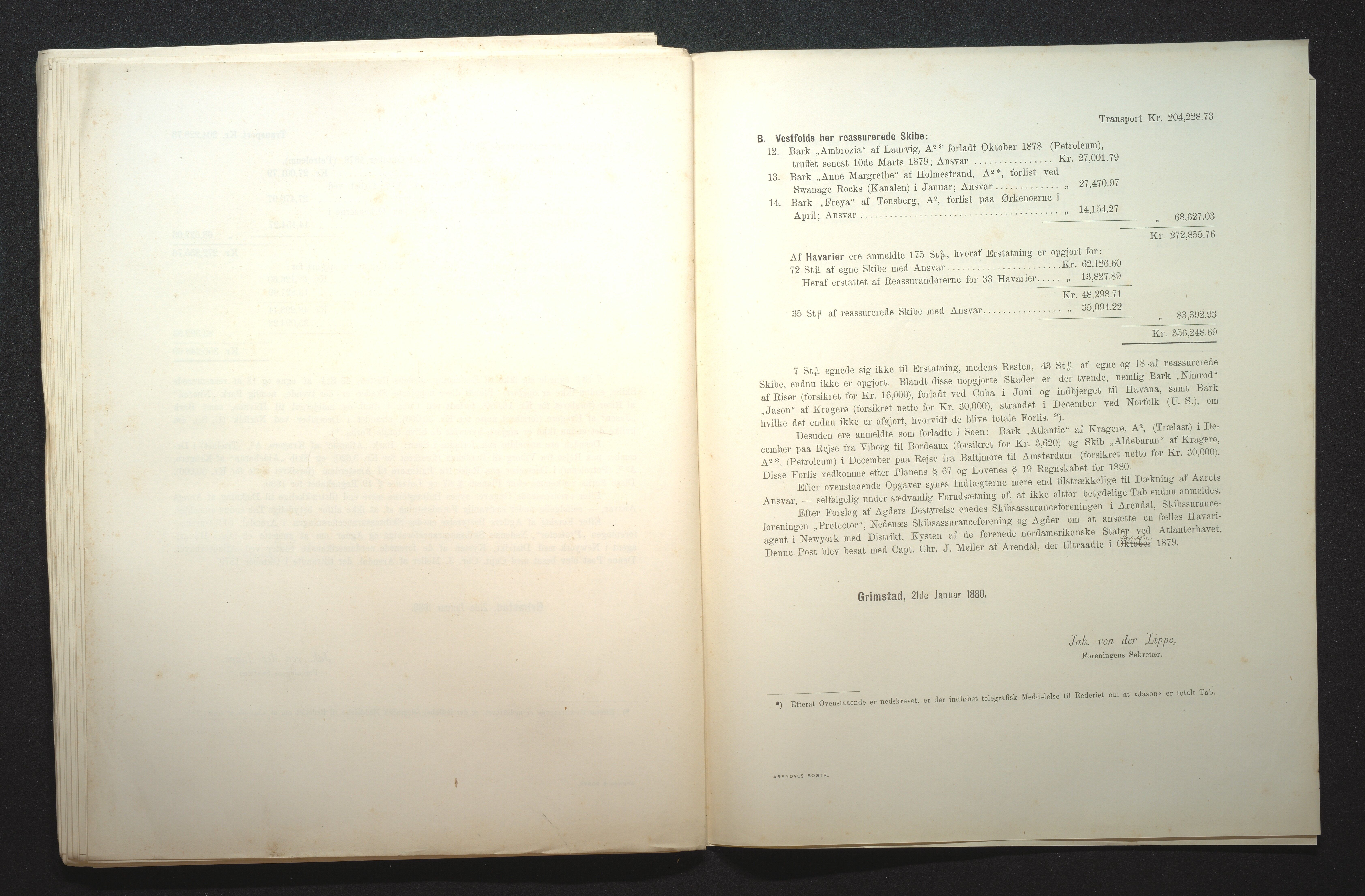 Agders Gjensidige Assuranceforening, AAKS/PA-1718/05/L0001: Regnskap, seilavdeling, pakkesak, 1855-1880