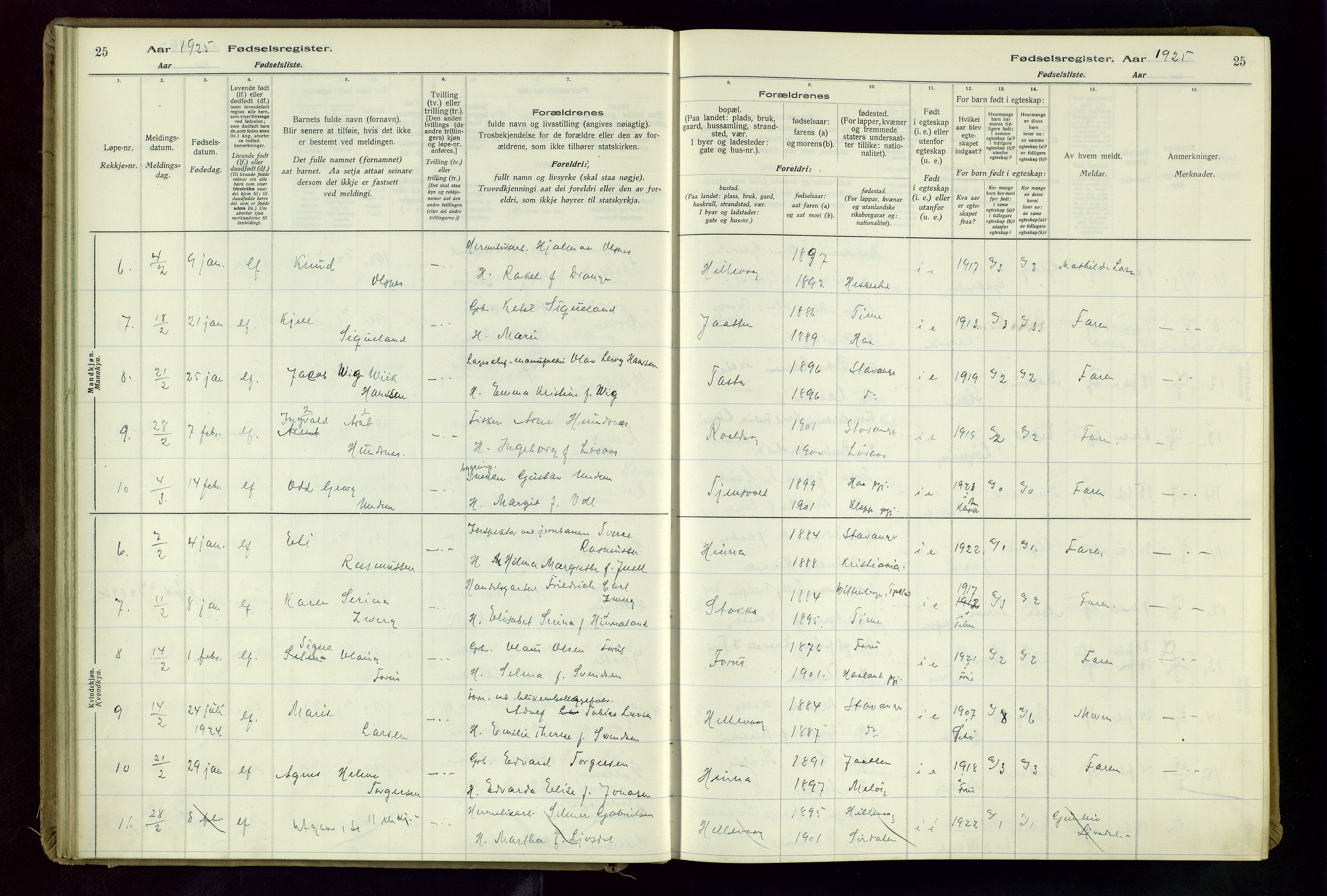 Hetland sokneprestkontor, AV/SAST-A-101826/70/704BA/L0004: Fødselsregister nr. 4, 1923-1937, s. 25