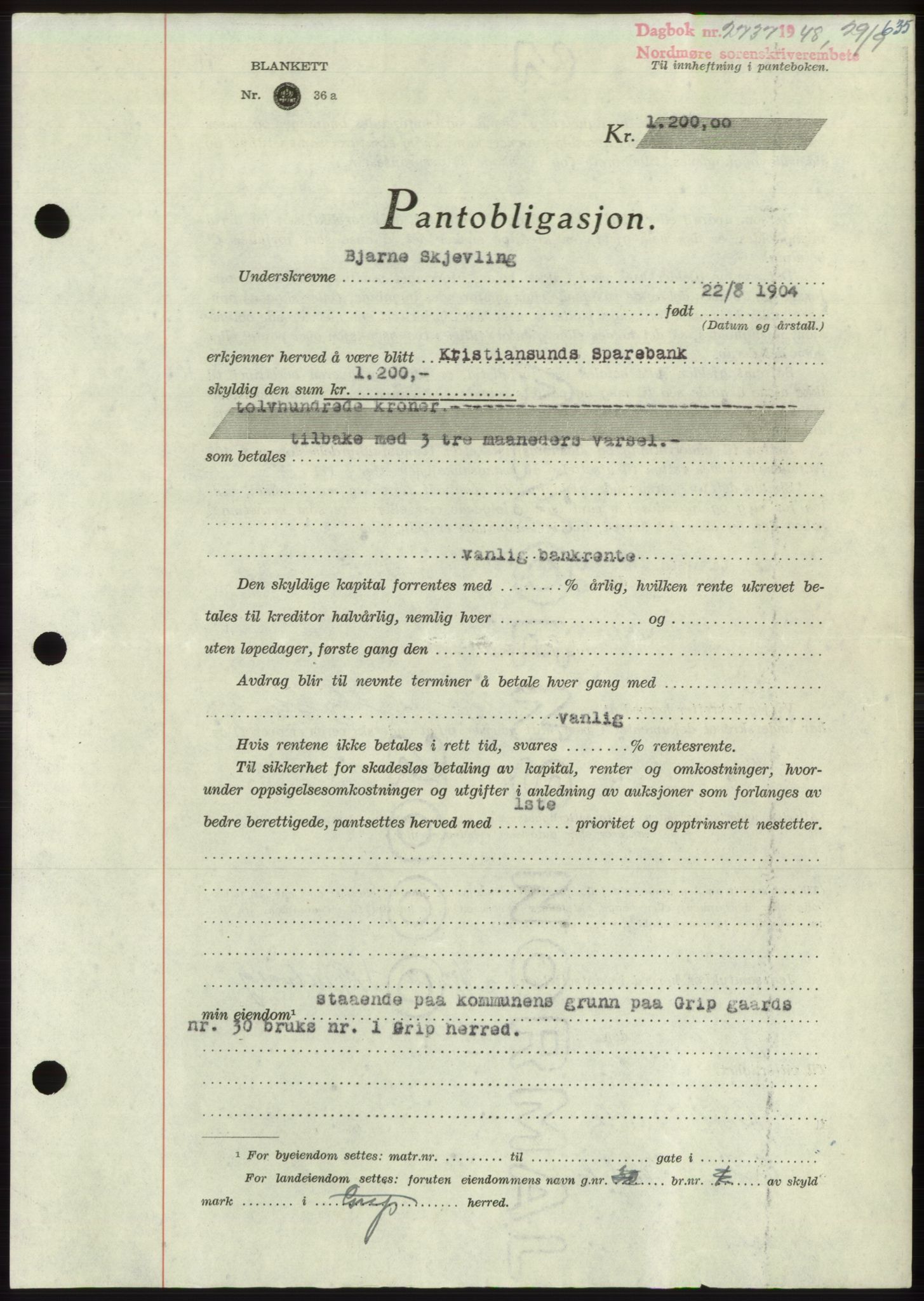 Nordmøre sorenskriveri, SAT/A-4132/1/2/2Ca: Pantebok nr. B99, 1948-1948, Dagboknr: 2737/1948