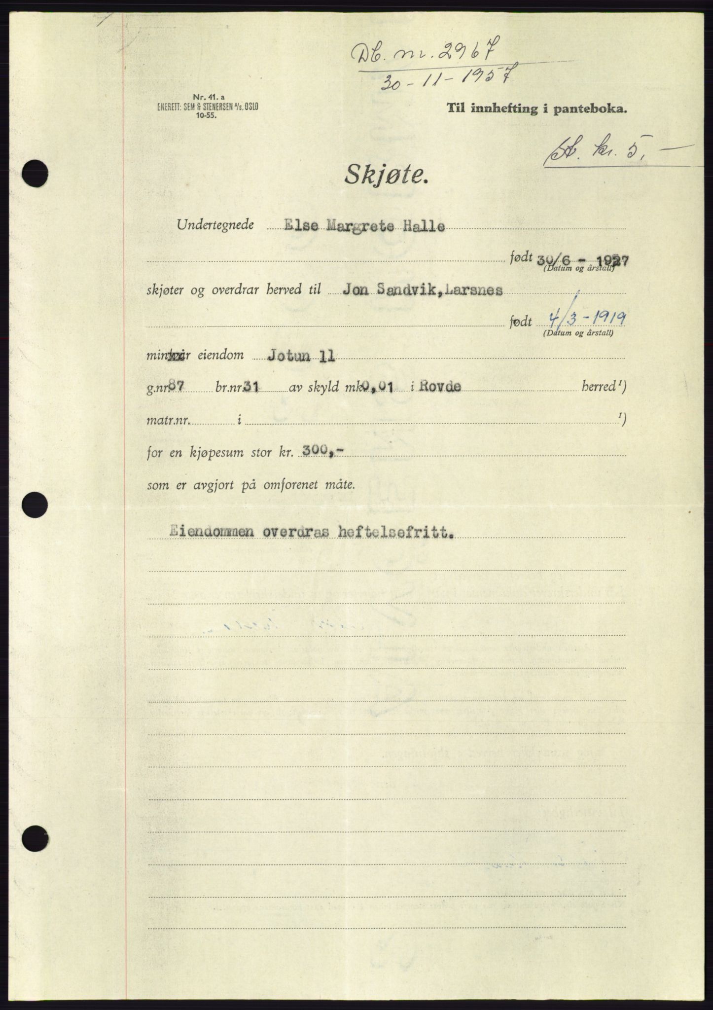 Søre Sunnmøre sorenskriveri, SAT/A-4122/1/2/2C/L0108: Pantebok nr. 34A, 1957-1958, Dagboknr: 2967/1957