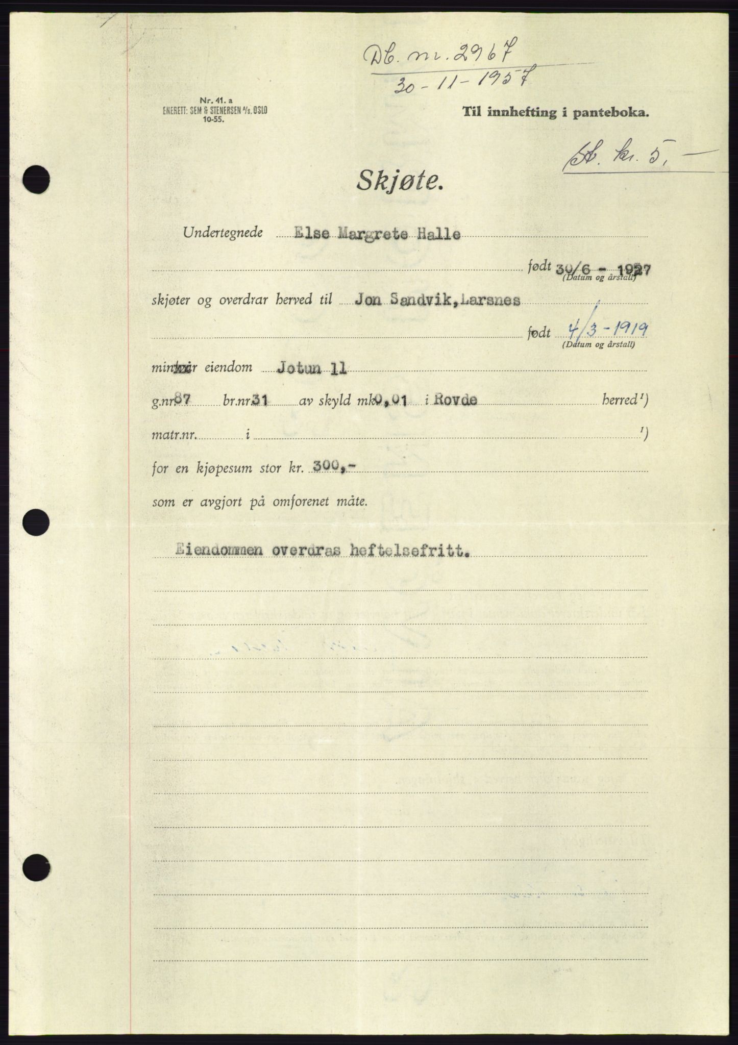 Søre Sunnmøre sorenskriveri, AV/SAT-A-4122/1/2/2C/L0108: Pantebok nr. 34A, 1957-1958, Dagboknr: 2967/1957