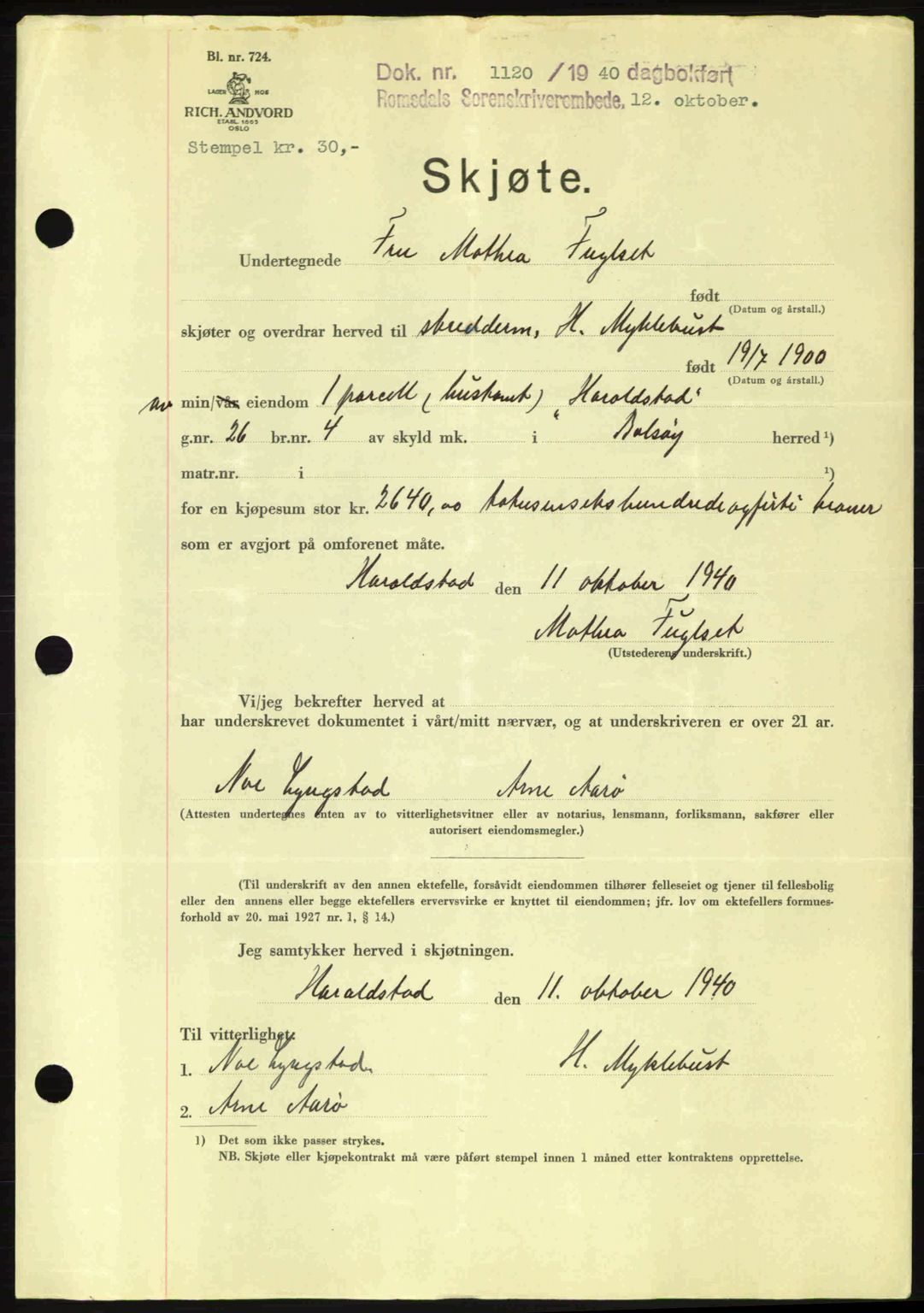 Romsdal sorenskriveri, AV/SAT-A-4149/1/2/2C: Pantebok nr. A8, 1939-1940, Dagboknr: 1120/1940