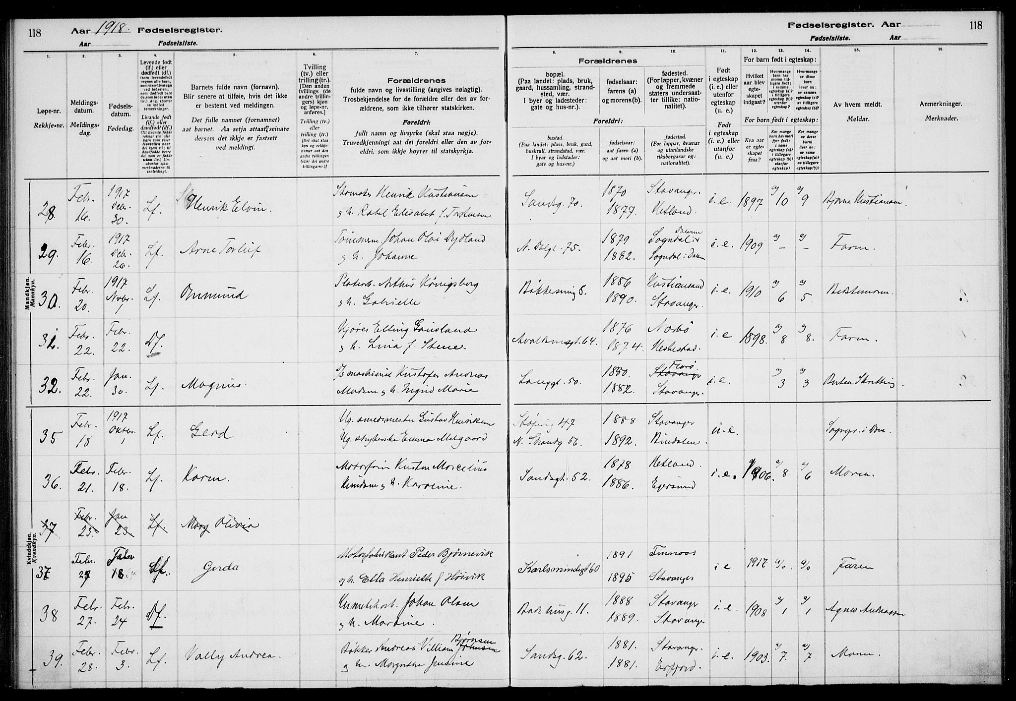 St. Johannes sokneprestkontor, AV/SAST-A-101814/002/A/L0001: Fødselsregister nr. 1, 1916-1919, s. 118