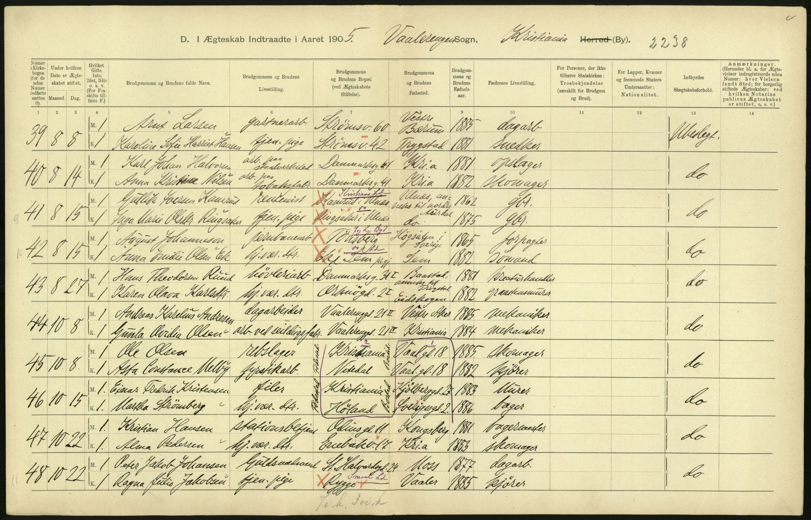 Statistisk sentralbyrå, Sosiodemografiske emner, Befolkning, AV/RA-S-2228/D/Df/Dfa/Dfac/L0007b: Kristiania: Gifte, 1905, s. 376