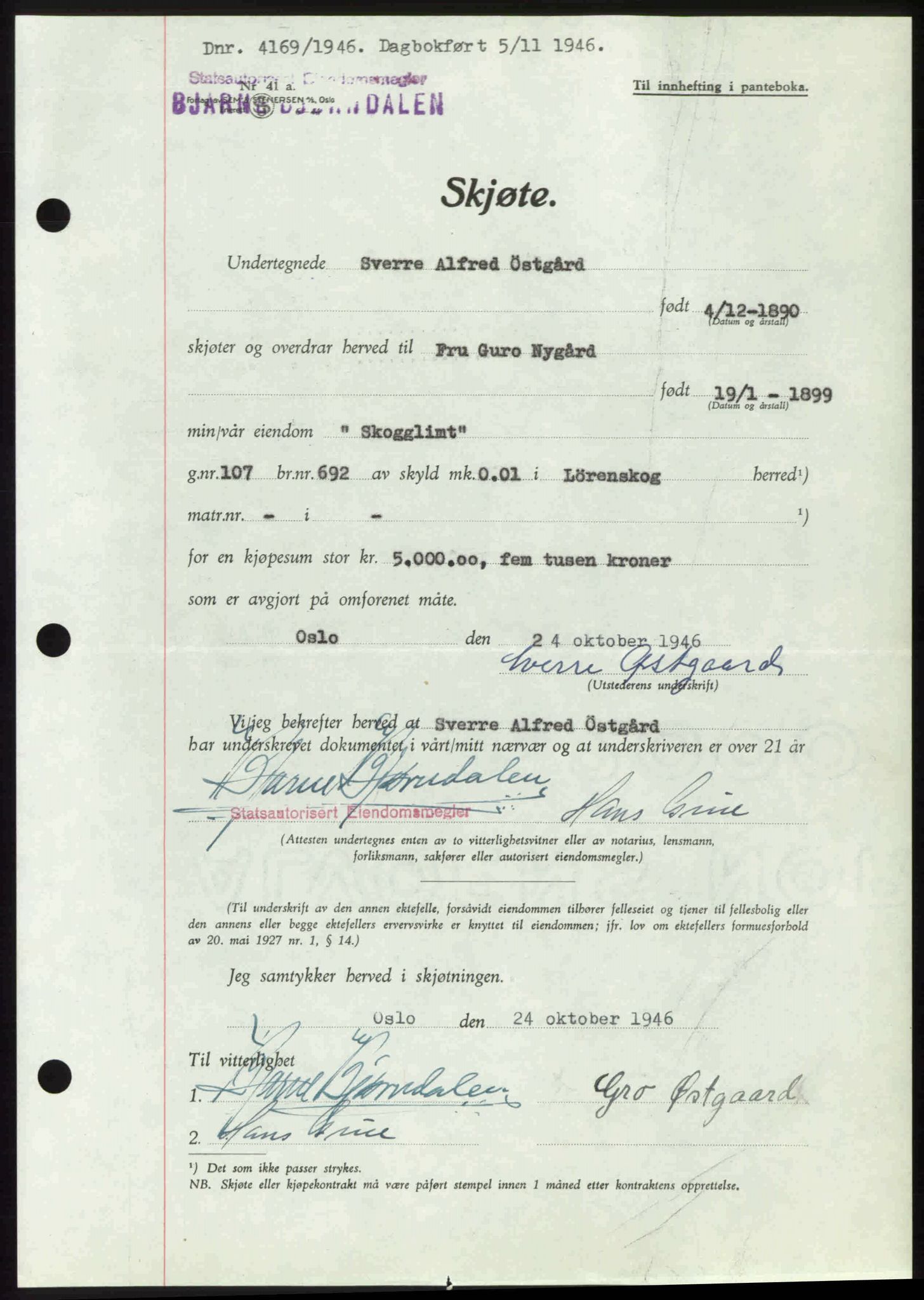 Nedre Romerike sorenskriveri, AV/SAO-A-10469/G/Gb/Gbd/L0017: Pantebok nr. 17, 1946-1946, Dagboknr: 4169/1946