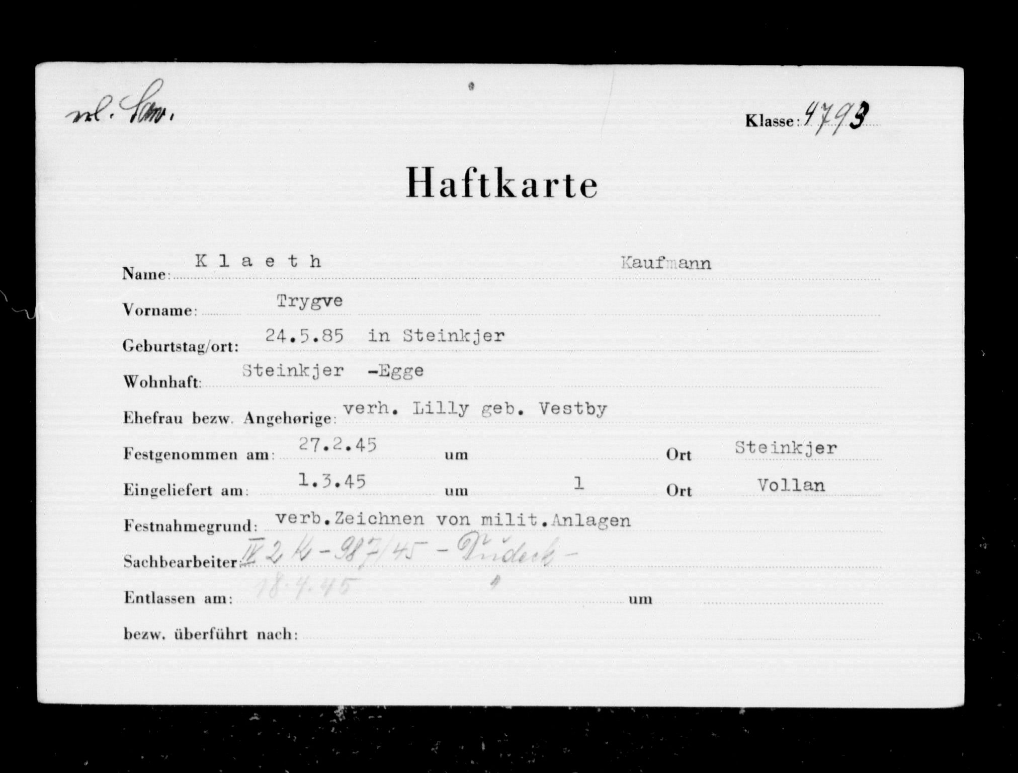 Befehlshaber der Sicherheitspolizei und des SD, RA/RAFA-5969/F/Fc/L0007: Fangeregister Falstad: Kl - Lind, 1941-1945