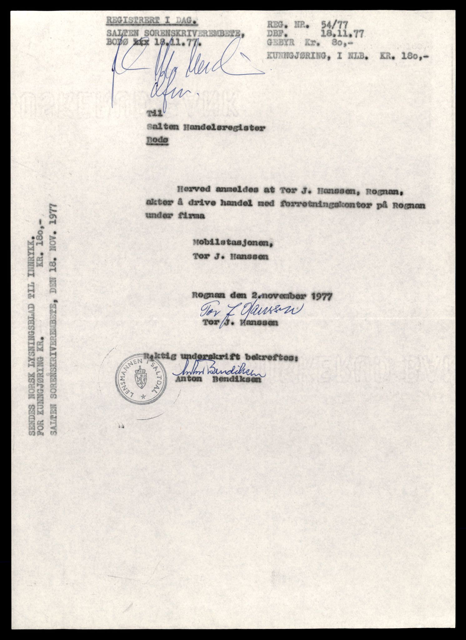 Salten sorenskriveri, SAT/A-4578/4/J/Jd/Jda/L0017: Bilag. Enkeltmannsforetak, personlig firma og andelslag Mo - No, 1928-1989, s. 3