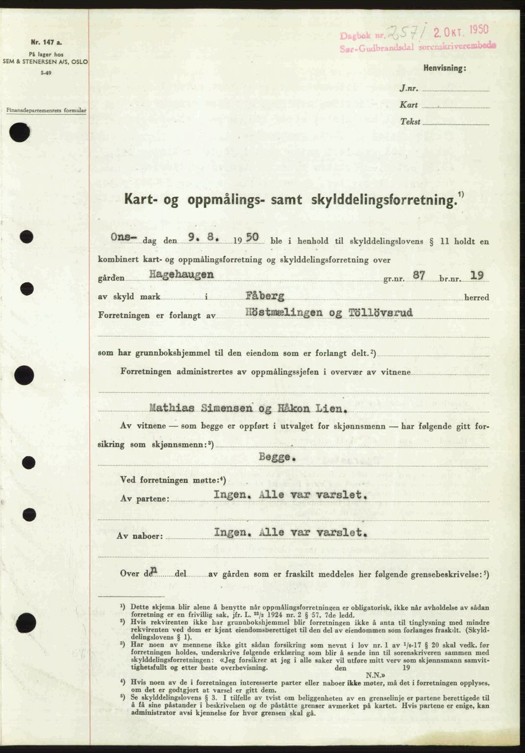Sør-Gudbrandsdal tingrett, SAH/TING-004/H/Hb/Hbd/L0029: Pantebok nr. A29, 1950-1950, Dagboknr: 2571/1950