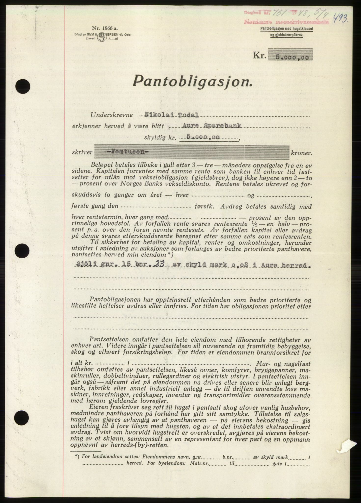 Nordmøre sorenskriveri, SAT/A-4132/1/2/2Ca: Pantebok nr. B98, 1948-1948, Dagboknr: 751/1948