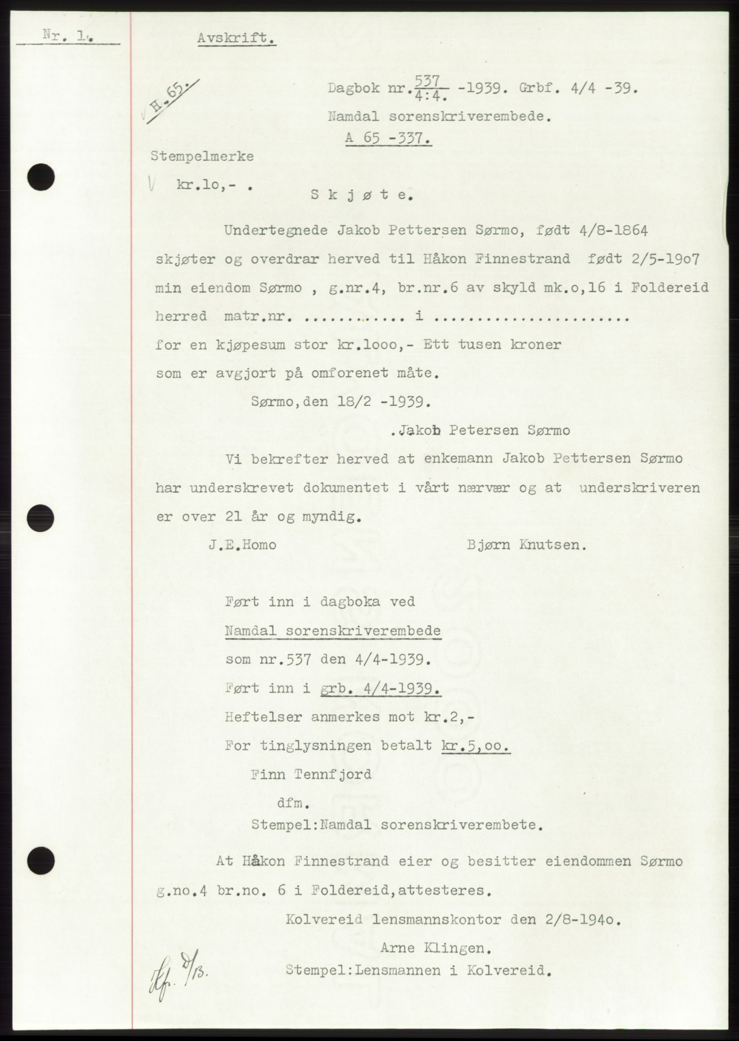 Namdal sorenskriveri, SAT/A-4133/1/2/2C: Pantebok nr. -, 1937-1939, Tingl.dato: 04.04.1939