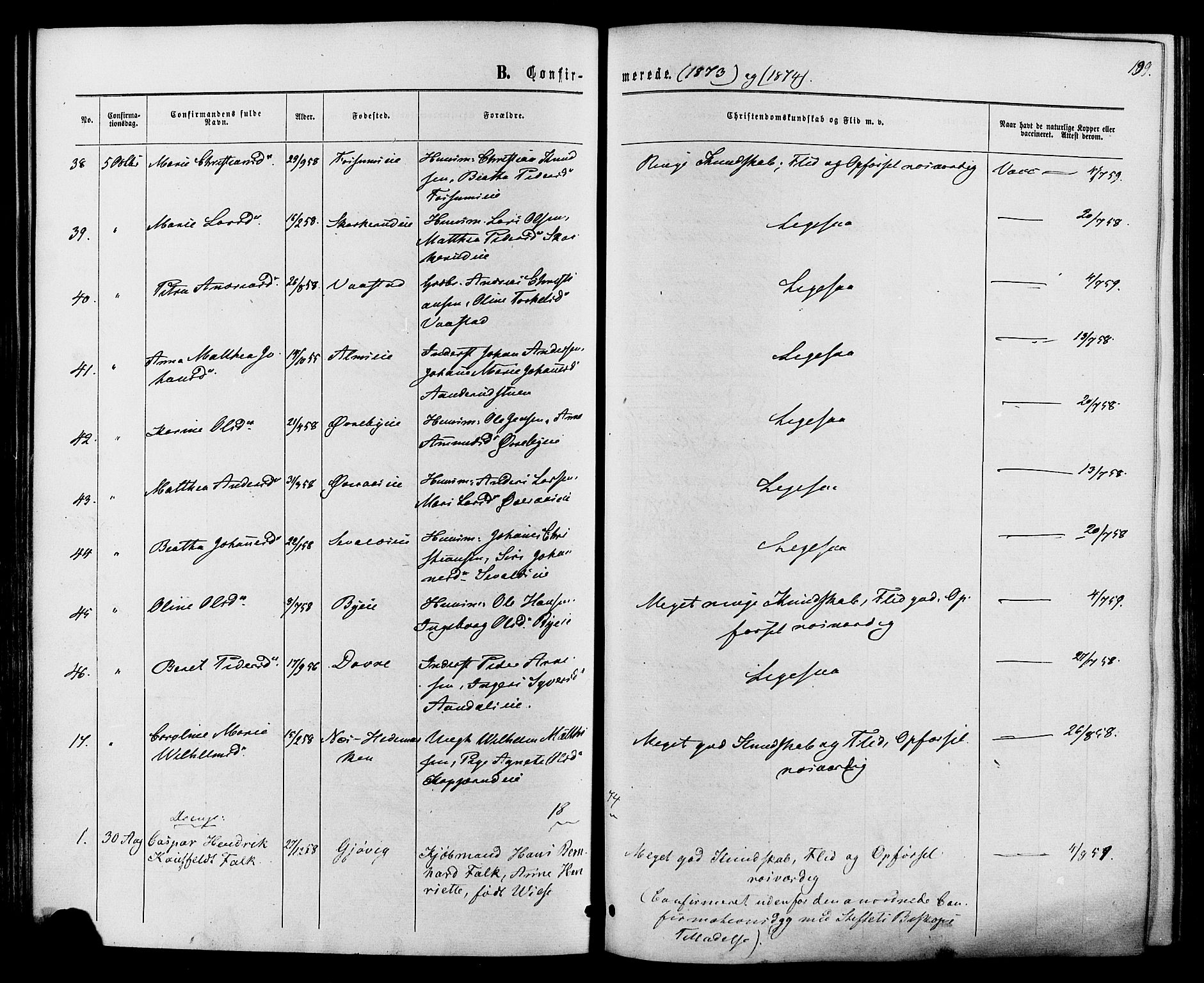 Vardal prestekontor, AV/SAH-PREST-100/H/Ha/Haa/L0007: Ministerialbok nr. 7, 1867-1878, s. 199