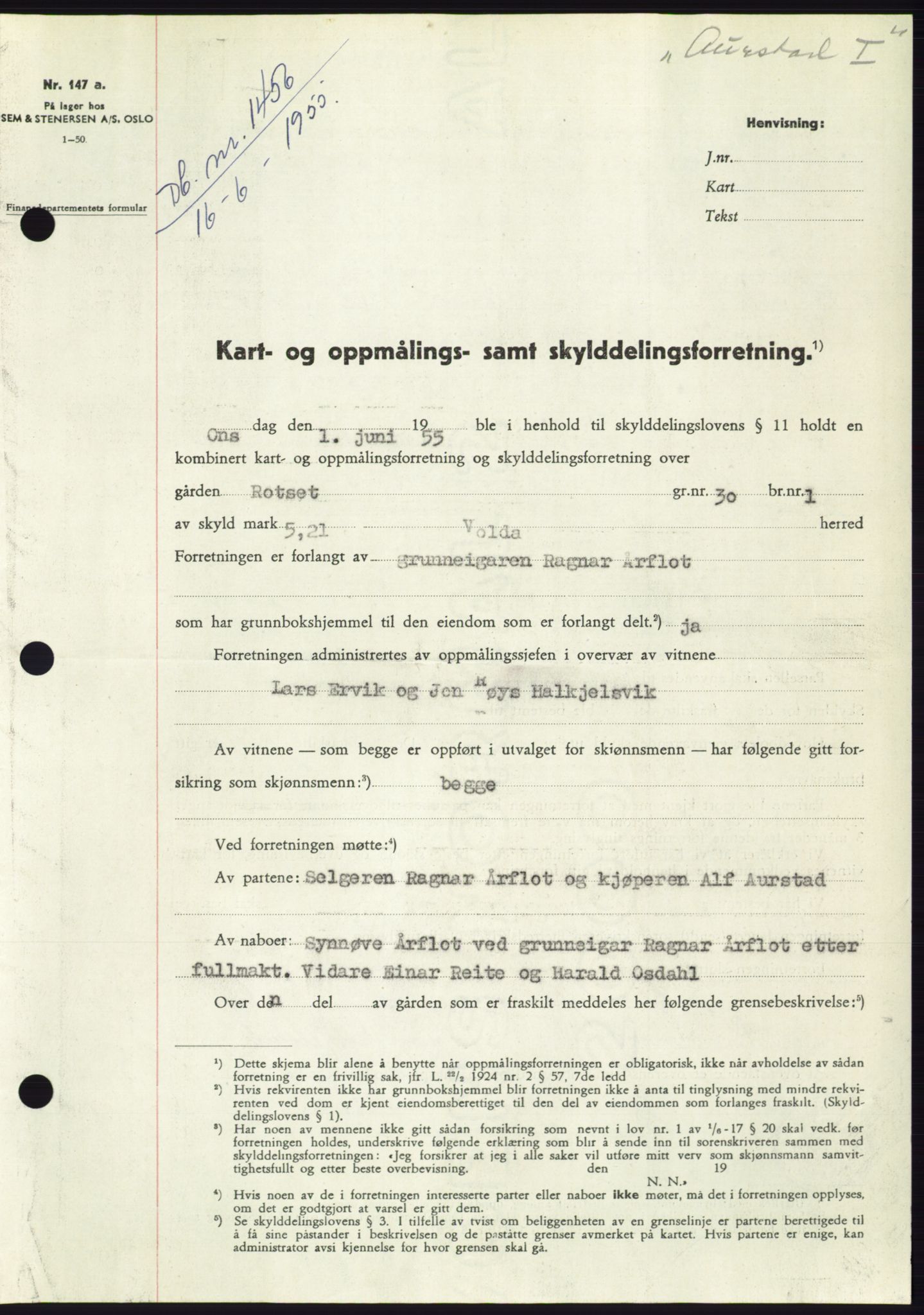 Søre Sunnmøre sorenskriveri, AV/SAT-A-4122/1/2/2C/L0101: Pantebok nr. 27A, 1955-1955, Dagboknr: 1456/1955