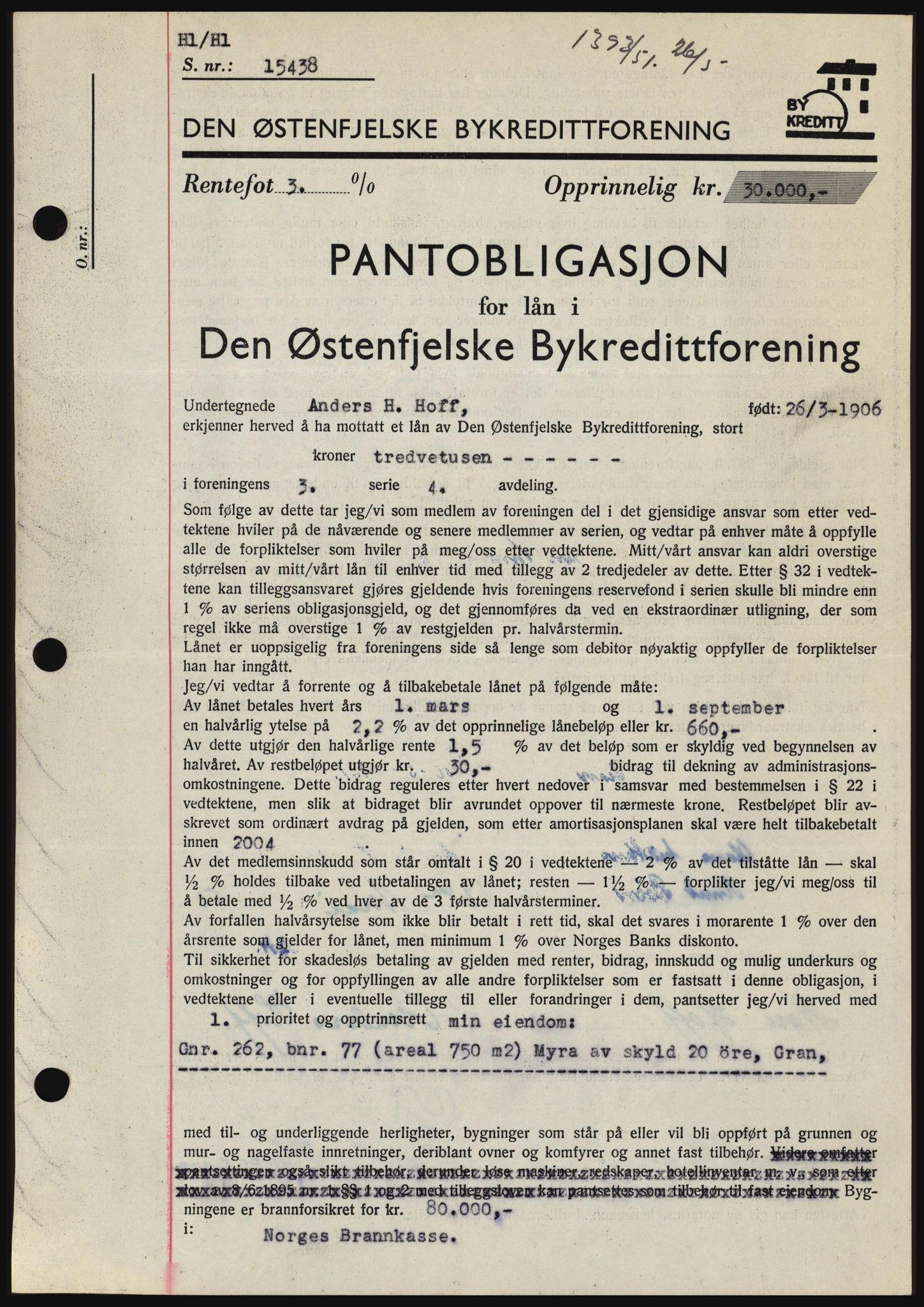 Hadeland og Land tingrett, SAH/TING-010/H/Hb/Hbc/L0021: Pantebok nr. B21, 1951-1951, Dagboknr: 1393/1951