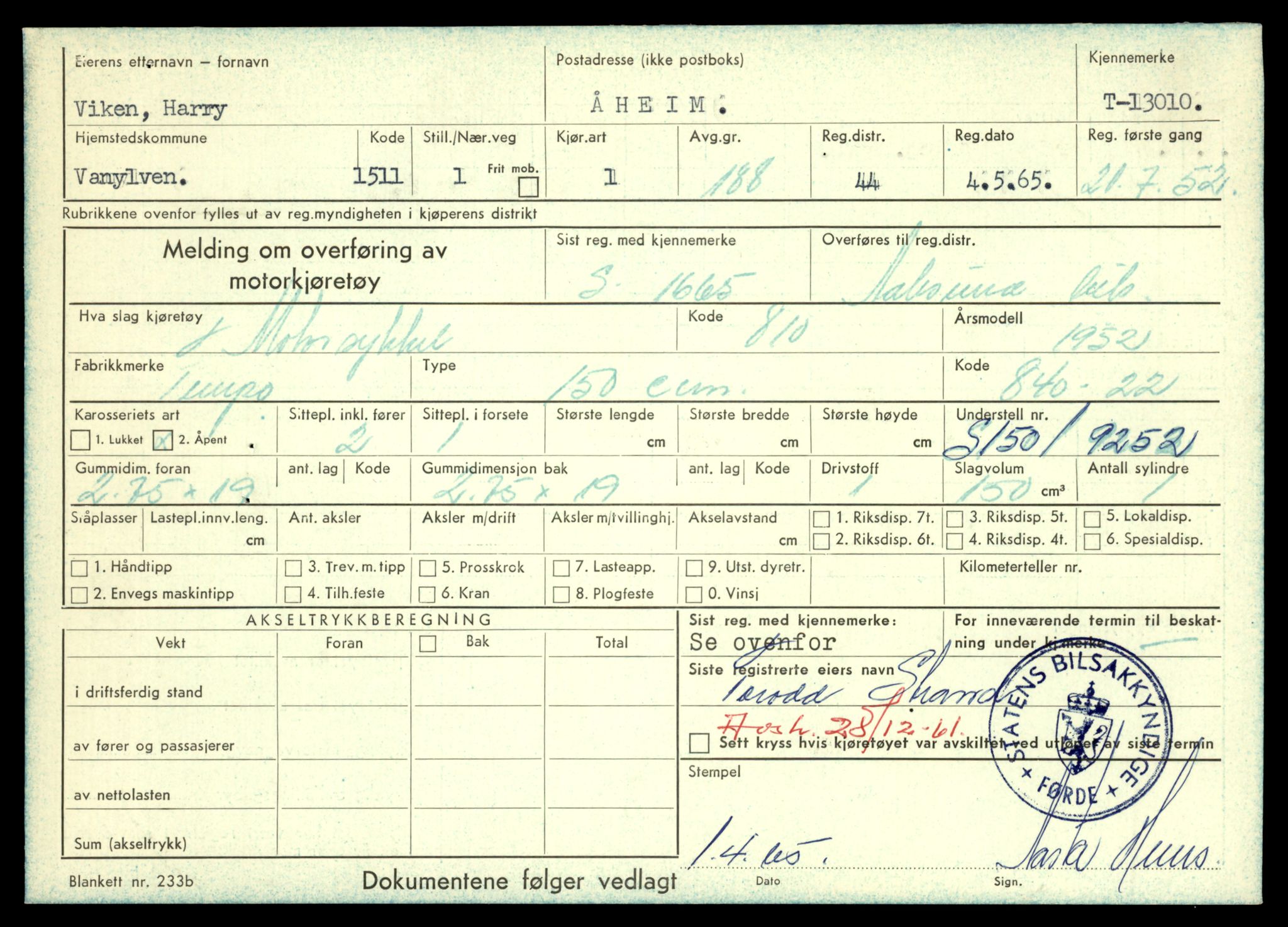 Møre og Romsdal vegkontor - Ålesund trafikkstasjon, AV/SAT-A-4099/F/Fe/L0036: Registreringskort for kjøretøy T 12831 - T 13030, 1927-1998, s. 2727