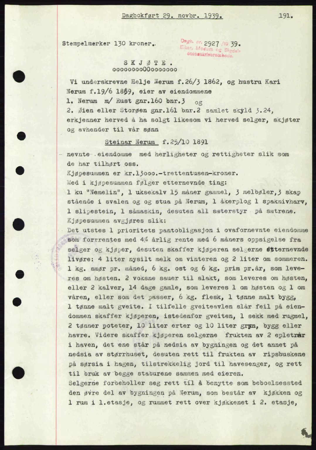 Eiker, Modum og Sigdal sorenskriveri, SAKO/A-123/G/Ga/Gab/L0041: Pantebok nr. A11, 1939-1940, Dagboknr: 2927/1939