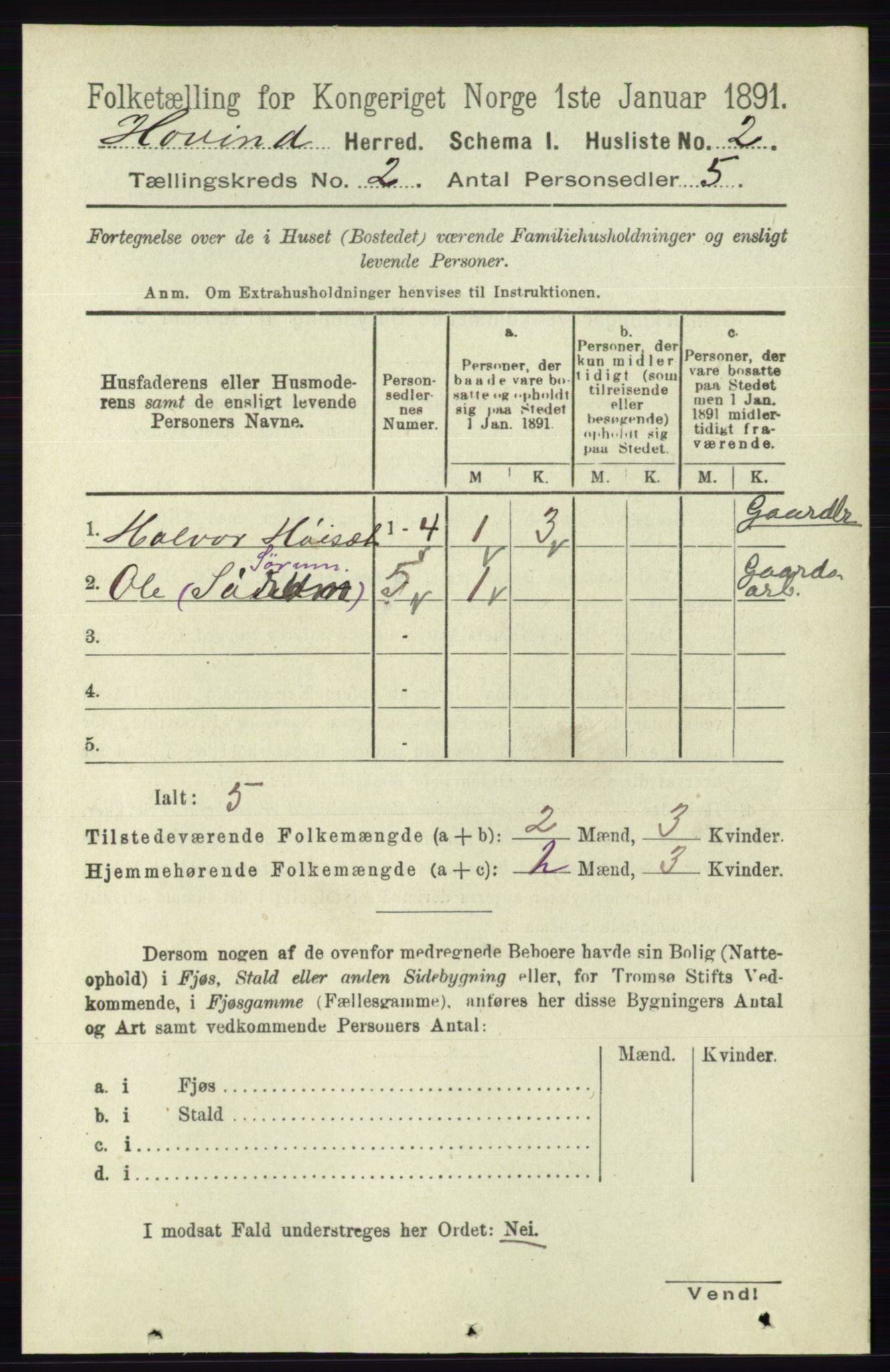 RA, Folketelling 1891 for 0825 Hovin herred, 1891, s. 460