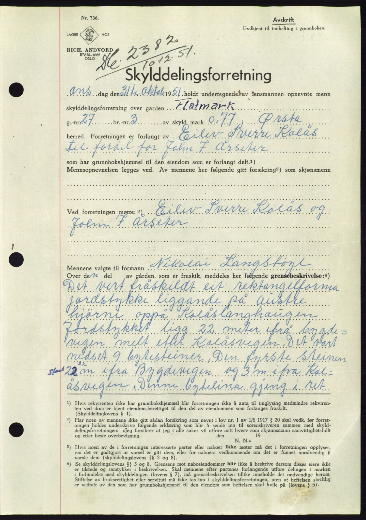 Søre Sunnmøre sorenskriveri, AV/SAT-A-4122/1/2/2C/L0090: Pantebok nr. 16A, 1951-1951, Dagboknr: 2382/1951