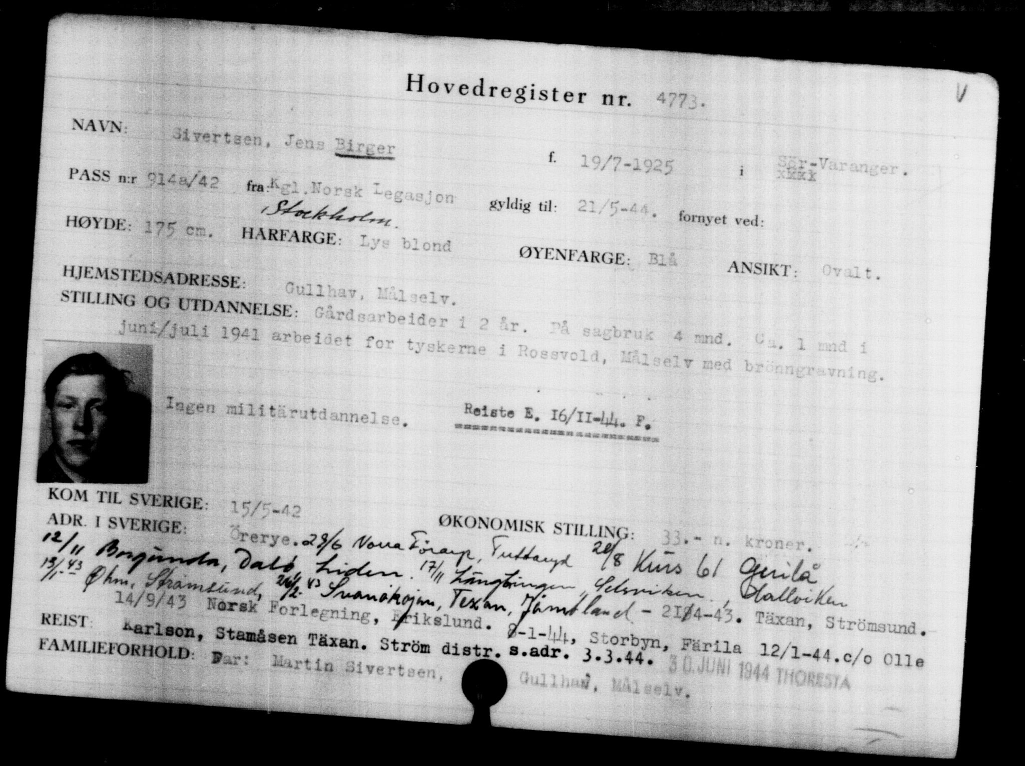 Den Kgl. Norske Legasjons Flyktningskontor, AV/RA-S-6753/V/Va/L0004: Kjesäterkartoteket.  Flyktningenr. 3496-6610, 1940-1945, s. 1509