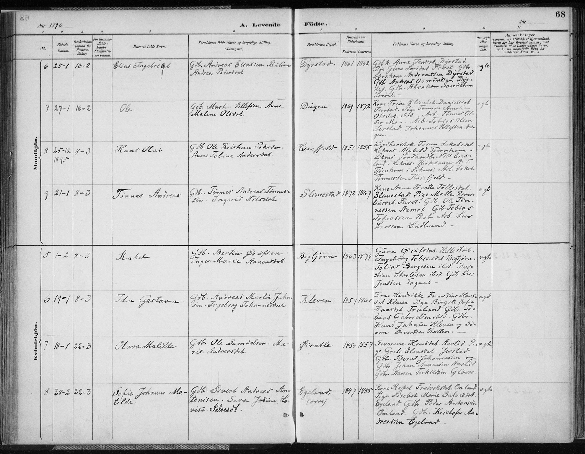 Kvinesdal sokneprestkontor, AV/SAK-1111-0026/F/Fa/Fab/L0008: Ministerialbok nr. A 8, 1886-1897, s. 68